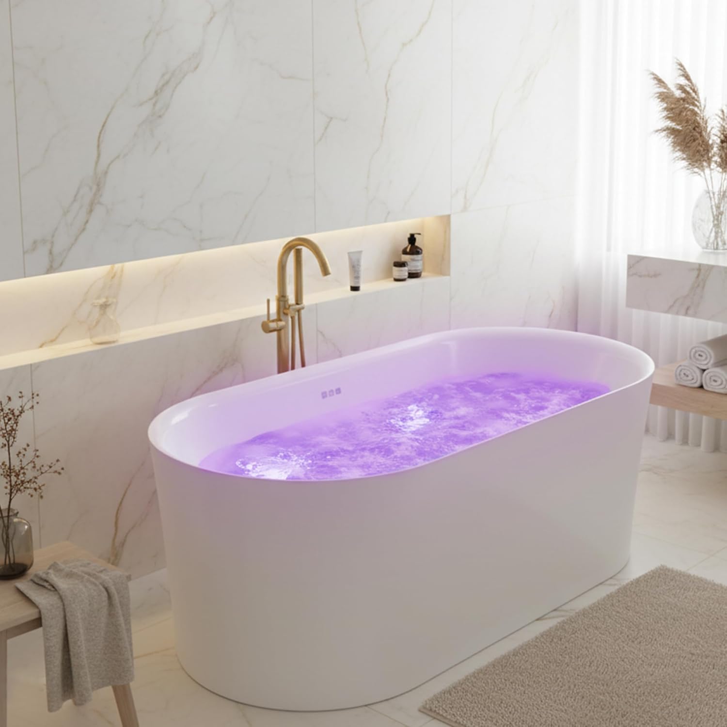ANZZI 67" Freestanding Tub, Air Bubble Acrylic Freestanding Bathtub, White Acrylic + Fiberglass, Soaking Tub, Drain and Overflow, Light Up Control Pad (AMZ-FT-67)