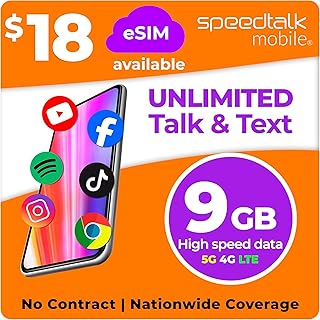 SpeedTalk Mobile Prepaid Cell Phone SIM Card for Smart Phones & Cellphones | $18 Monthly Plan - Unlimited Talk & Text + 9GB 5G 4G LTE Data | 3-in-1 SIM Card Standard Micro Nano