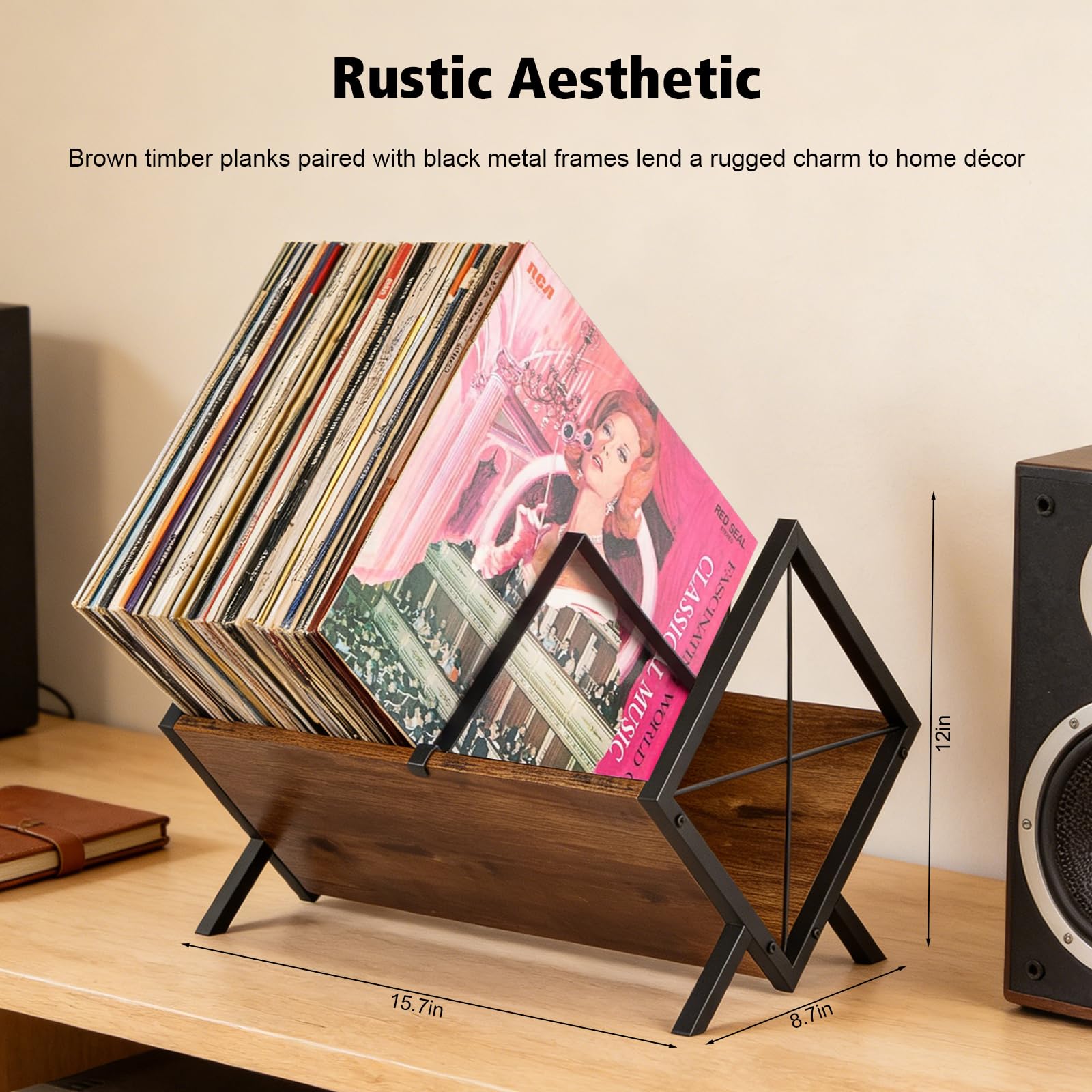 Porta Vinili per 80-100 Dischi,Supporto Espositore per Dischi in Vinile | Mobile Porta CD e Riviste con Divisori Antiscivolo,Design Retrò Industriale per Soggiorno e Ufficio