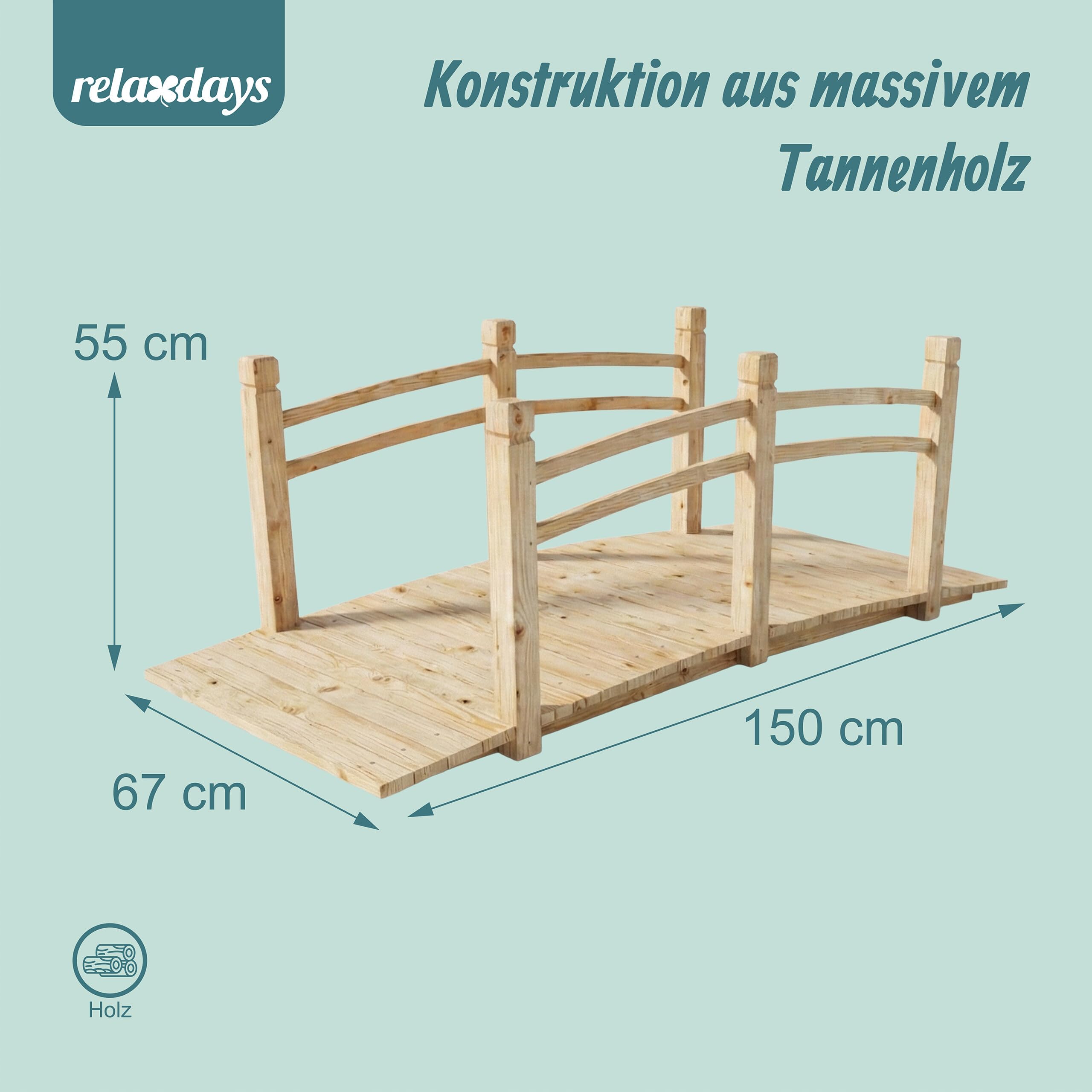 Relaxdays Garten Brücke, mit Geländer, Tannenholz, für Gartenteich, HxBxT: 55 x 150 x 67 cm, 150 kg, Holzbrücke, Natur