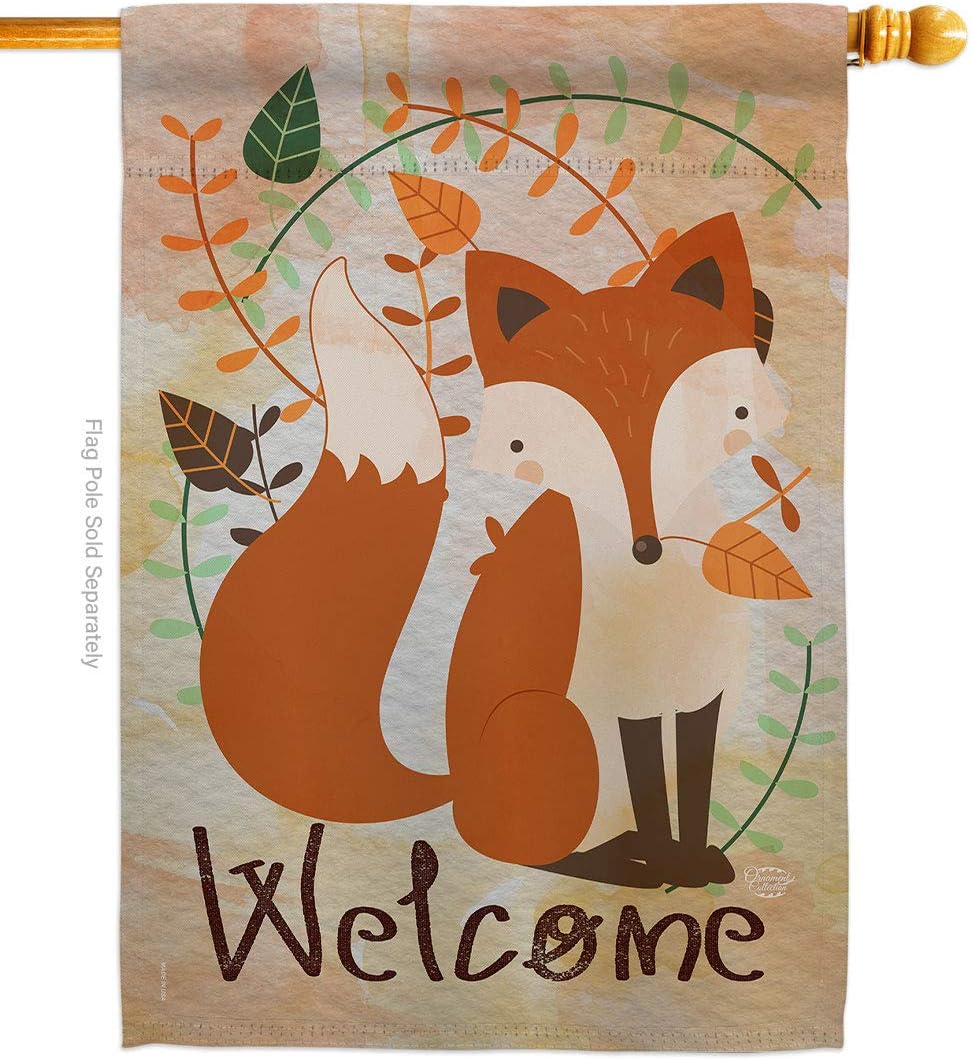 Welcome Fox House Flag Animals Wildlife Outdoor Deer Bear Wolf Pet Nature Farm Animal Creature Small Decorative Gift Yard Banner Double-Sided Made In USA 28 X 40