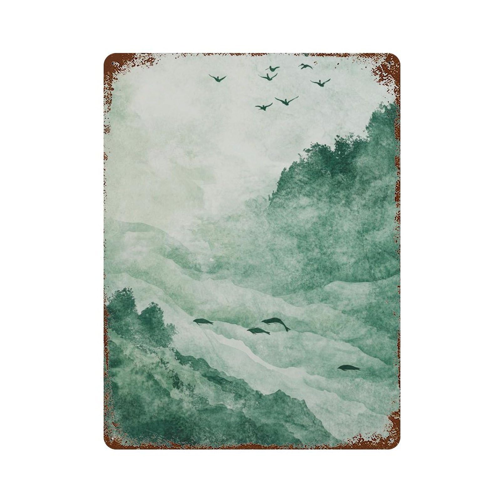 xiaoxiaoshen Green Mountain Landscape Minimal Nature Calm Watercolor Asian Inspired Wall Decor Art Metal Tin Poster Modern Home Decor Art Home Bar Shop Decorations Vintage Sign 40x30cm