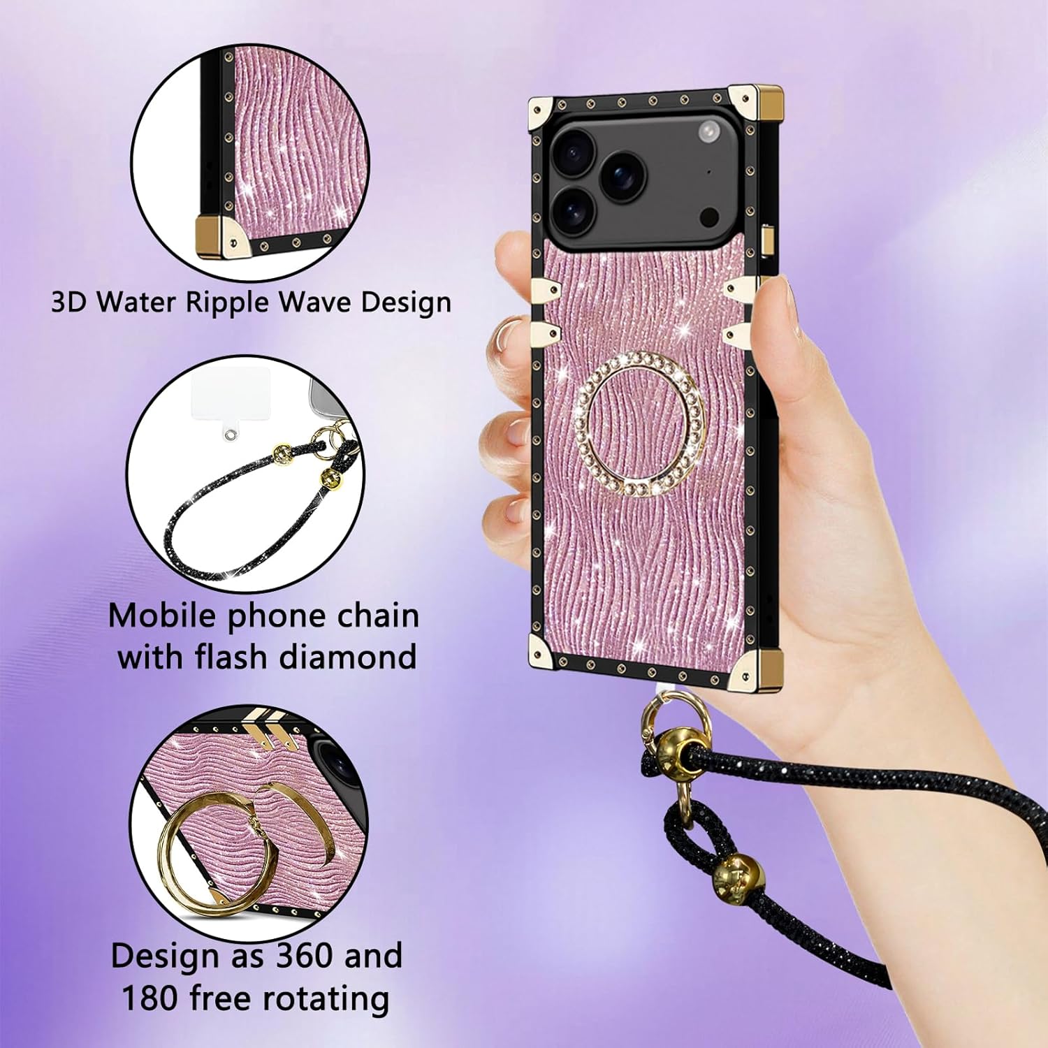 Fofvccv for Apple iPhone 17 Pro Max Water Ripple Case with Sparkly Wrist Strap & Diamond Ring Kickstand, Women Luxury Bling Glitter Shockproof Protective Cover for iPhone 17 Pro Max - SBW Pink Pink iPhone 17 Pro Max