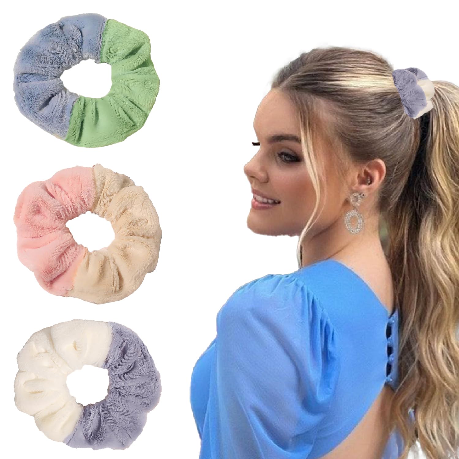 Fur Microfabric Hair Scrunchies Elastics Ponytail Holders for Women & Girls Bands Anti-Hair-Breakage, Hair Ties, Best Gift For Sister, Friend, Mom Hair Accessories - Pack of 3 Multicolor-image-0