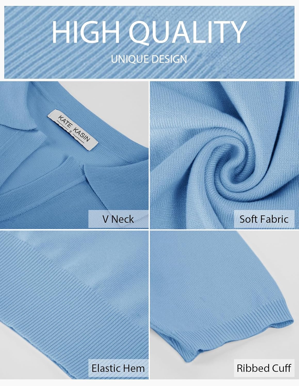 Kate Kasin Women Short Sleeve Polo Sweater V Neck Knitted Tops Casual Ribbed Shirt Loose Pullover Sweater - Image 4