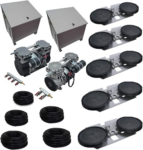 Pro Aeration System with Cabinet - 1/2 HP & 1 HP Pond Aerator Pumps | Includes 1/2HP & 1HP compressors, 2 cabinets, 5 double-10" diffusers, 500' tubing, aluminum body, & overheat protection