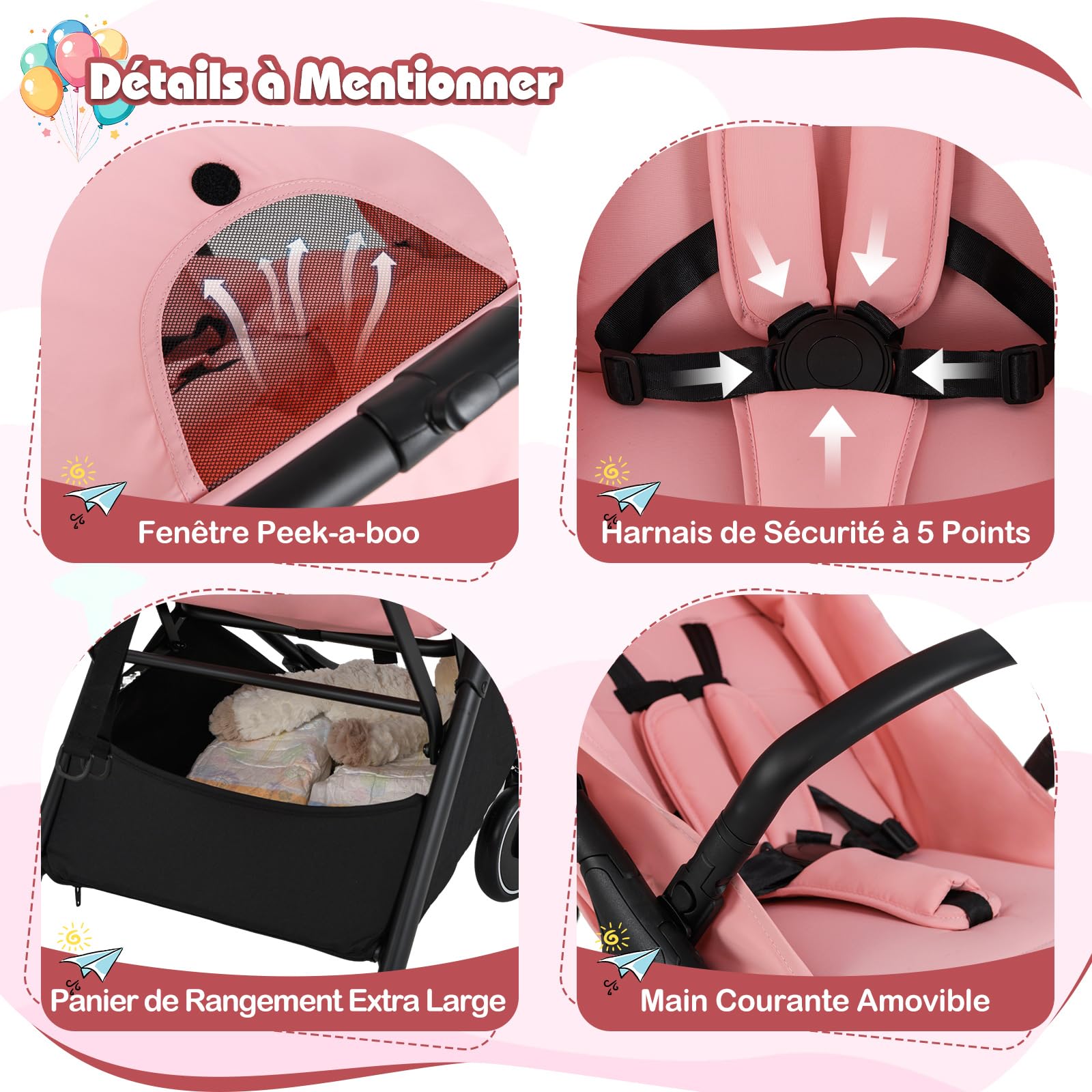 GOPLUS Poussette Canne pour 0-3 Ans, Charge 15KG, Pliable en 1 Bouton, Poussette Bebe Légère et Compacte avec Double Frein, Dossier Réglable, Sangle de Sécurité en 5 Points (Rose)