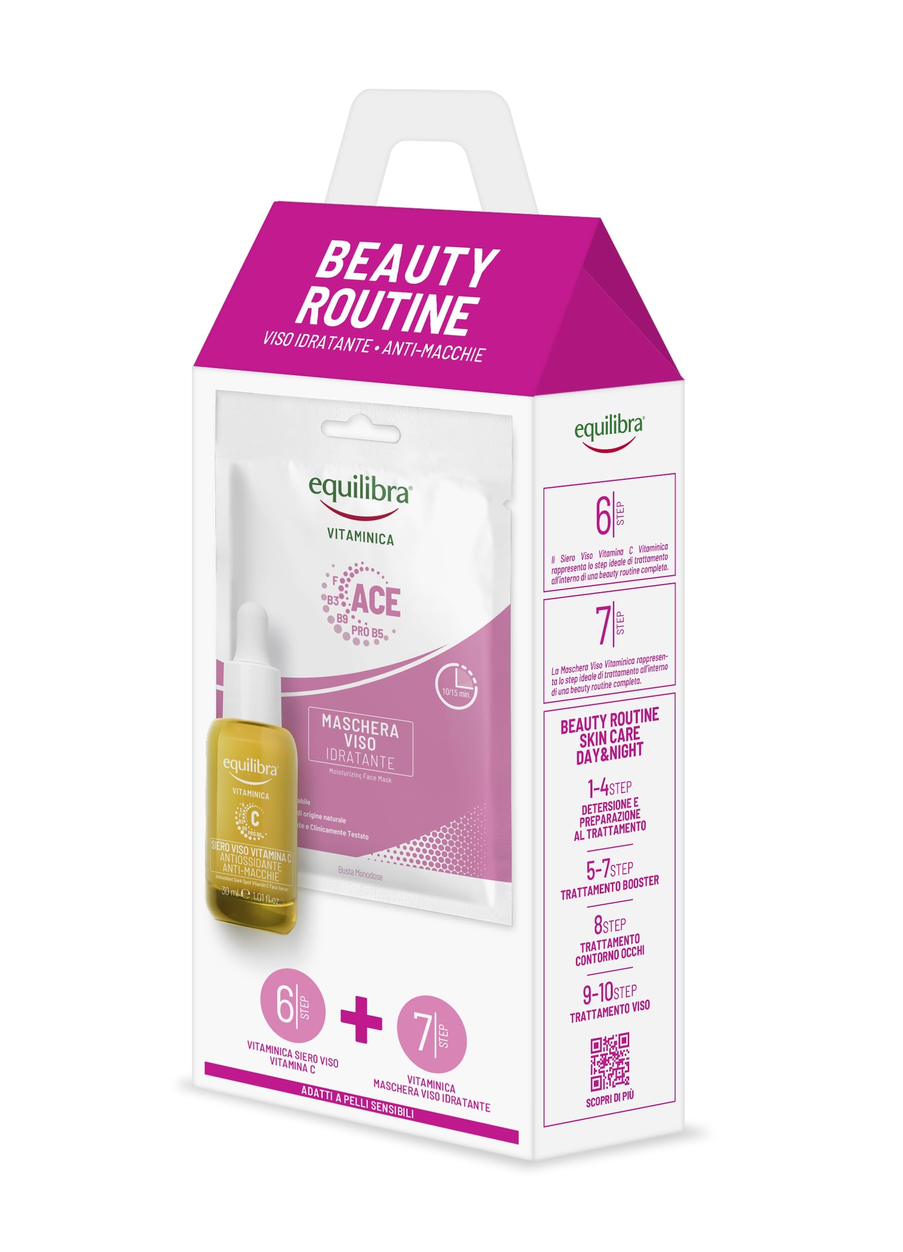 Equilibra, Beauty Routine Viso Idratante Anti-macchie, Contiene 1 Maschera Viso e 1 Siero Viso Vitamina C, per Pelle Spenta e Stressata, Set Viso per Skincare Routine