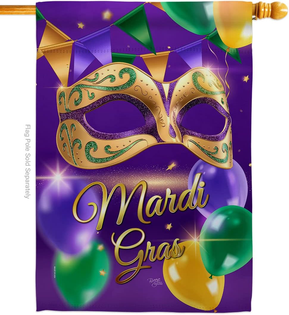 Breeze Decor H120085-BO 28 x 40 in. Fat Tuesday Mask Springtime Mardi Gras Vertical House Flag with Double-Sided Decorative Banner Garden Yard Gift