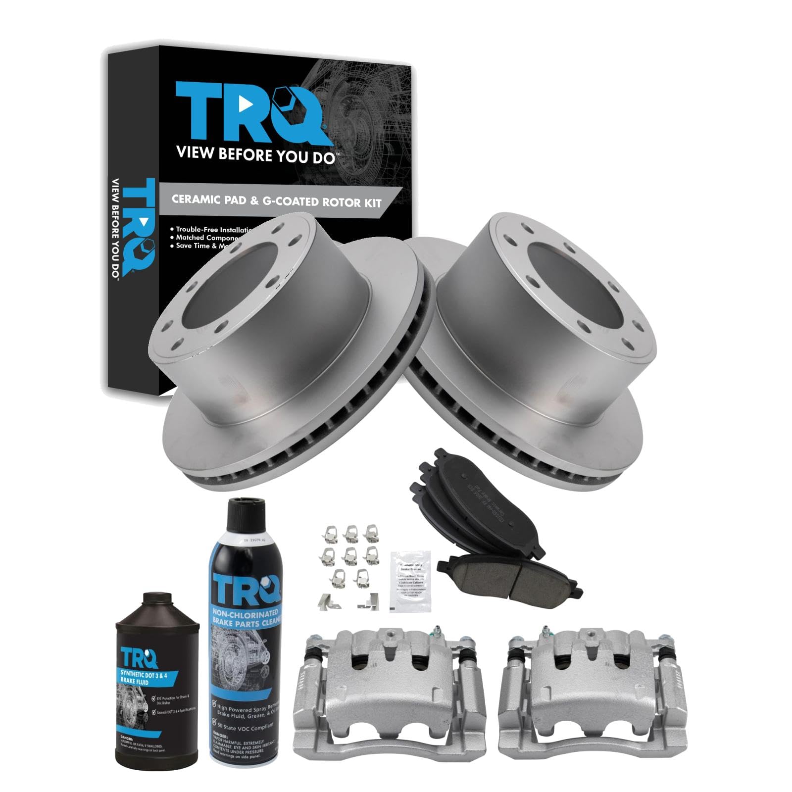 TRQ Rear Brake Pad, Caliper, &amp; Rotor Kit, with Chemical Kit Ceramic Premium G-Coated Compatible with 2006-2007 Ford F-250 Super Duty F-350 Super Duty