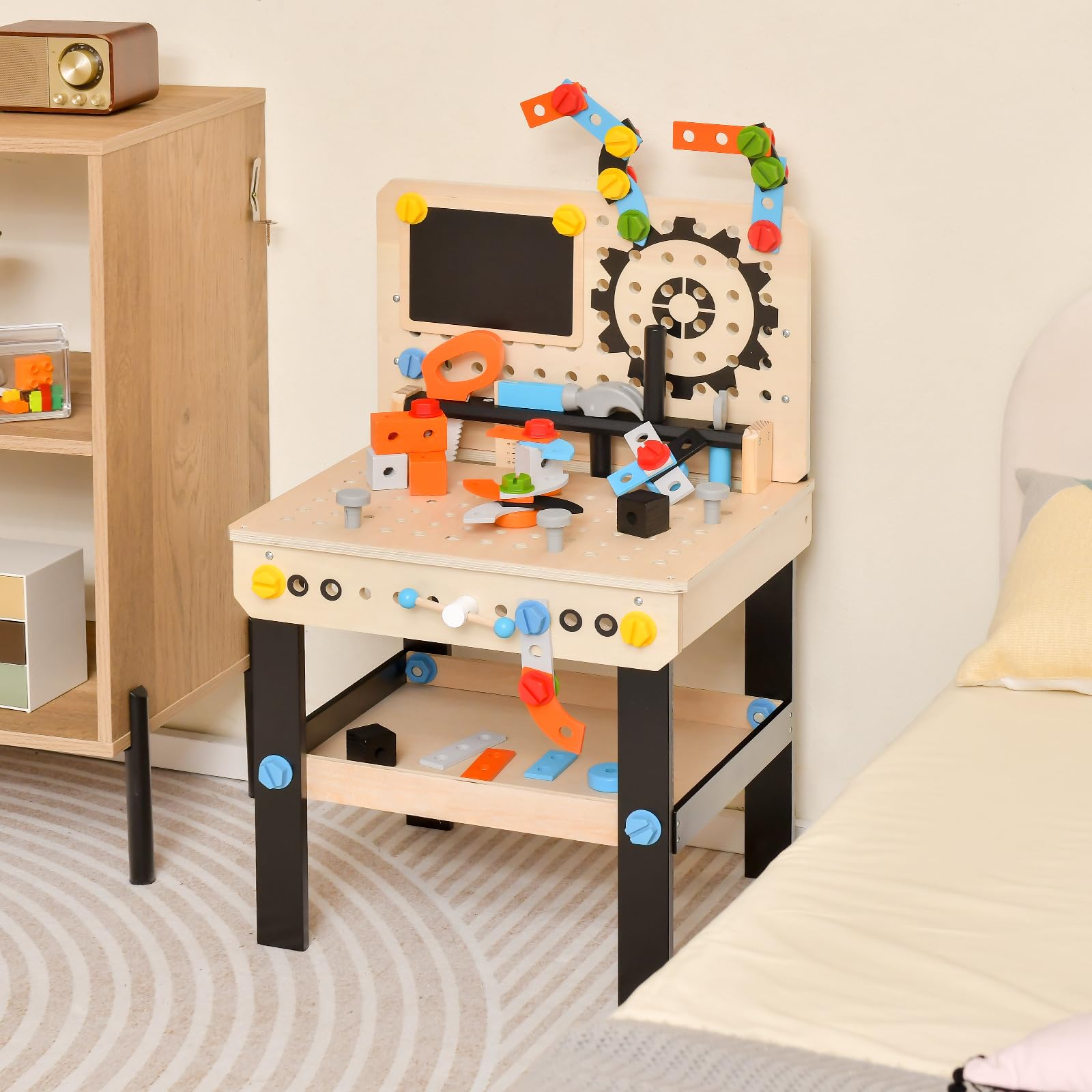 COSTWAY Werkzeugbank für Kinder, Werkbank Holz mit Tafel, hängendem Werkzeugständer & Zubehör, Spielzeug-Werkbank Werkstatt für Kinder ab 3 Jahren (Natur)