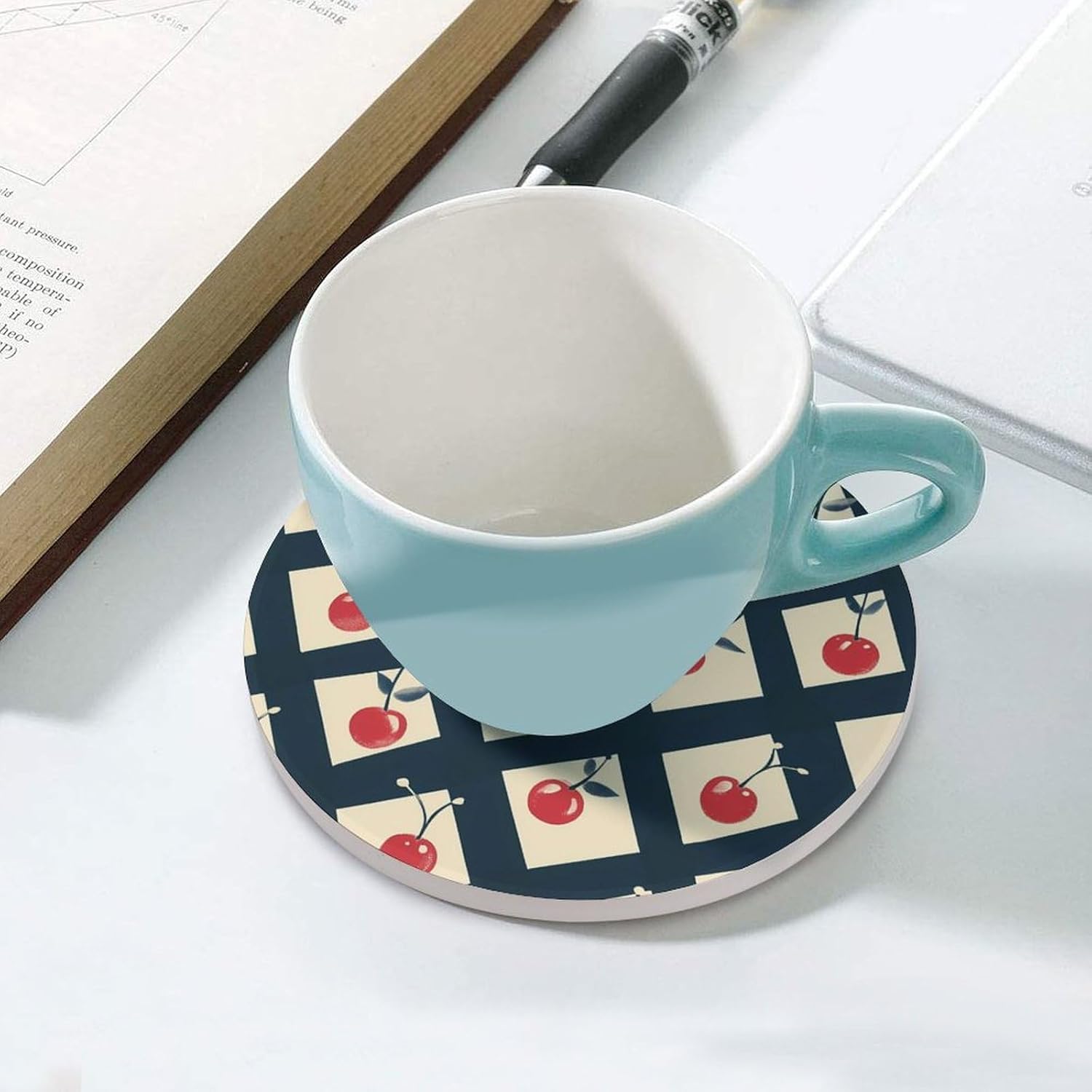 Cherry Blue Checkered Round Ceramic Coasters Print Drinks Absorbent with Cork Base for Home Decor Gifts 4 Inch