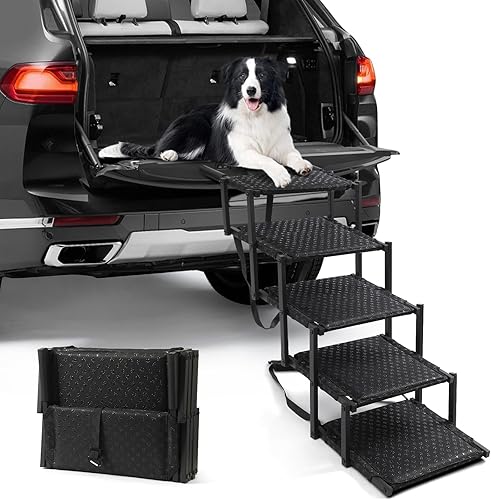 Ryoizen Dog Ramp for Car, Dog Stairs for Large Dogs, Foldable Portable Dog Steps for High Bed with Non Slip Surface for Cars, SUV and Truck, Dog