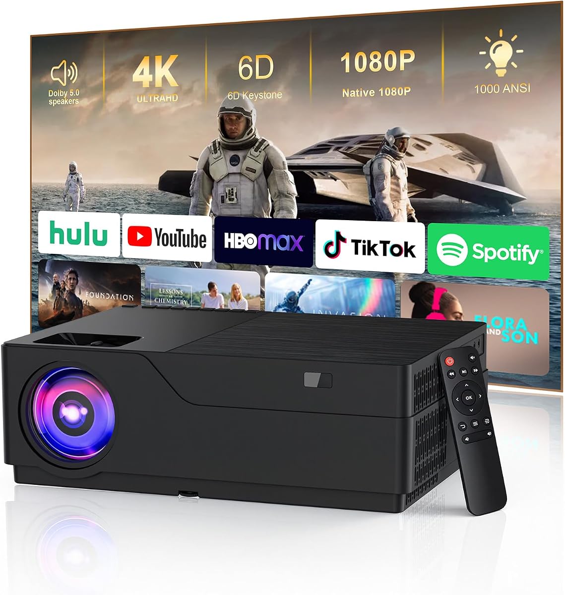 Portable Outdoor Projector for Camping , 4k Support Native 1080p | Movie Projector for Home Theater Bedroom Ceiling Camping & Outdoor Use, 4k Projector with Speaker, 6D Keystone