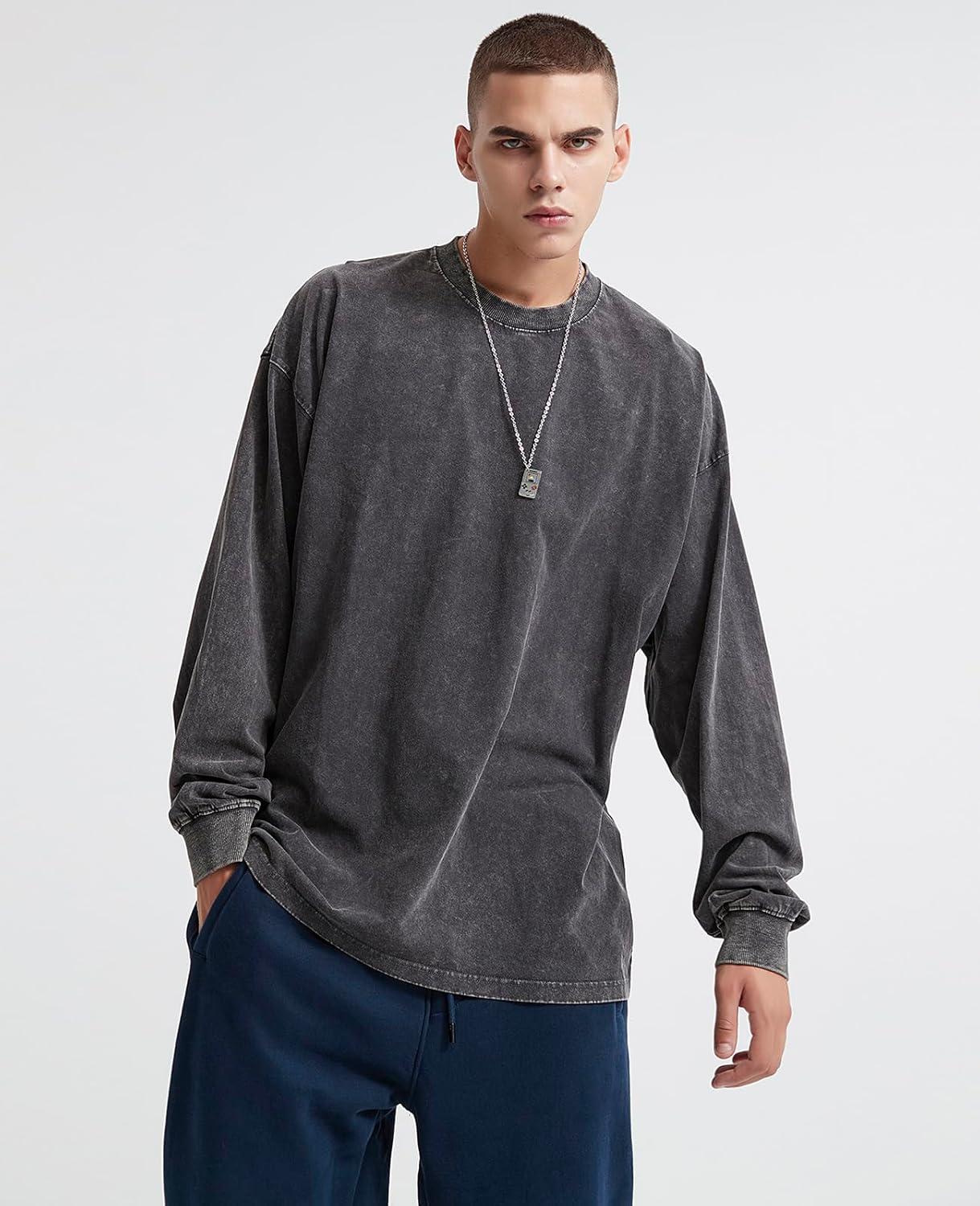 KEEPSHOWING Men's Oversized T Shirts Long Sleeve Shirts for Men Vintage Acid Wash Comfort Colors Crewneck Sweatshirt - Image 2