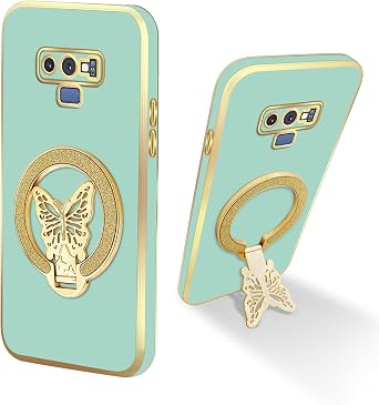 nancheng Butterfly Kickstand Phone Case for Samsung Galaxy Note 9 6.4-inch, with Wrist Lanyard Shockproof Protective Cover for Girls Women - Light Green