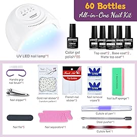 JODSONE Gel Nail Polish Kit 60 PCS with U V Light Soak off Base Top Coat 55 Shine Colors Gel Nail Kit Bright and Dark Brown Wine Red Series Manicure Set for Women and Girls