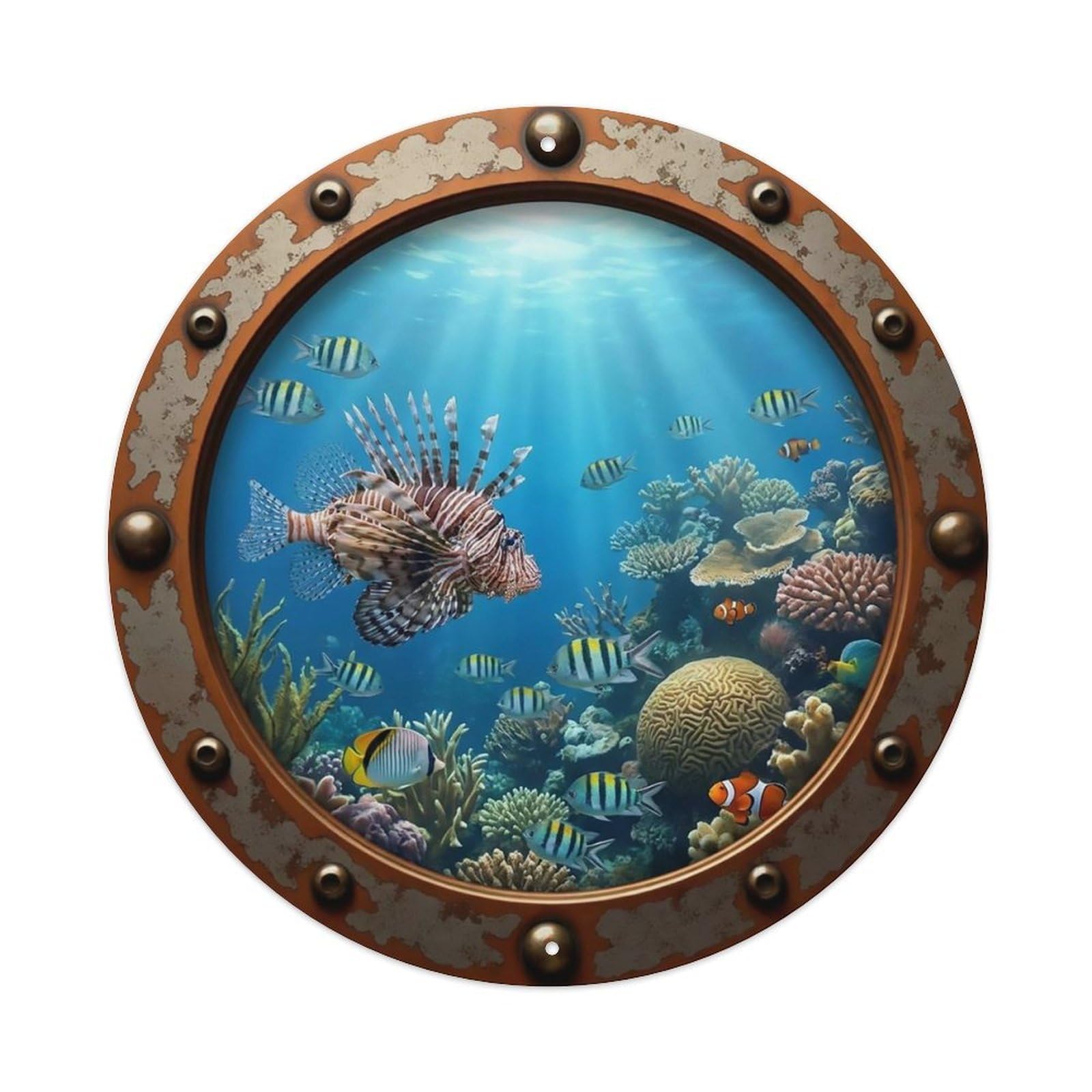 Vintage Porthole Lionfish Nautical Window View Metal Tin Sign