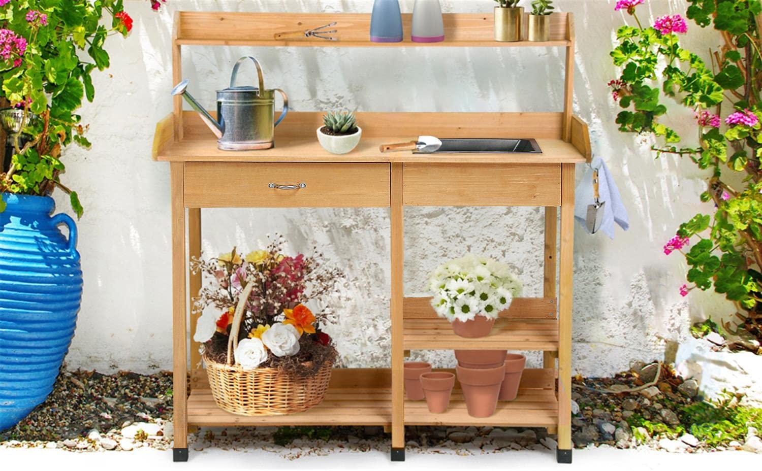 Yaheetech Tavolo Lavoro da Giardino per Piante in Legno con Lavandino Rimovibile Cassetto Spazioso Ganci Armadietto 114,8 x 45 x 121 cm Marrone
