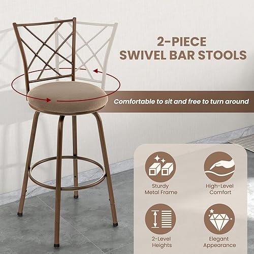 Miniatura 4 de COSTWAY Taburetes de bar para isla de cocina, taburetes de bar giratorios de altura ajustable de 2430 pulgadas, asiento acolchado de tela de felpa y