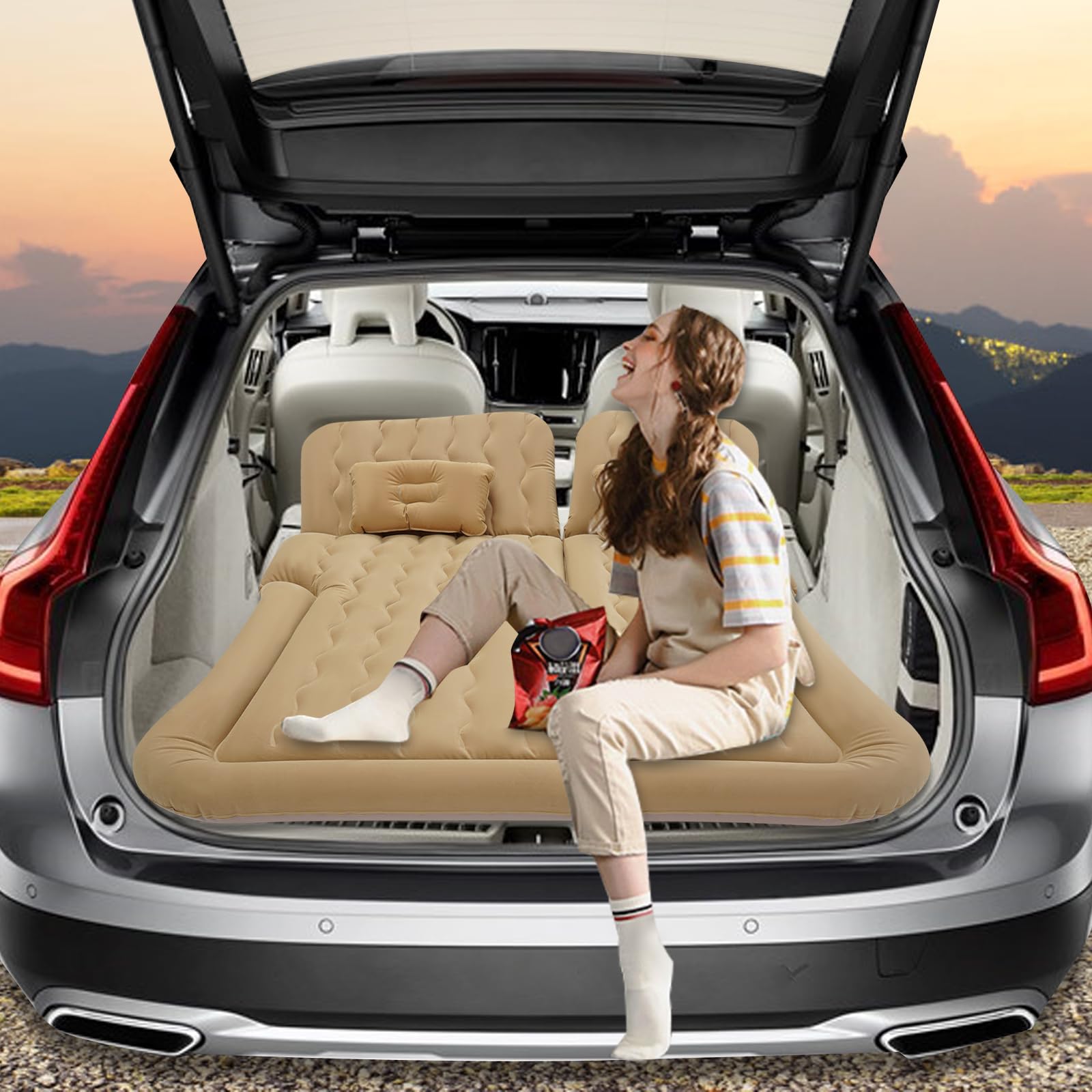 Matelas gonflable pour siège arrière de voiture, amovible, portable, matelas gonflable multifonction avec 2 coussins et pompe à air électrique (beige) pour camping, voyage, extérieur, SUV