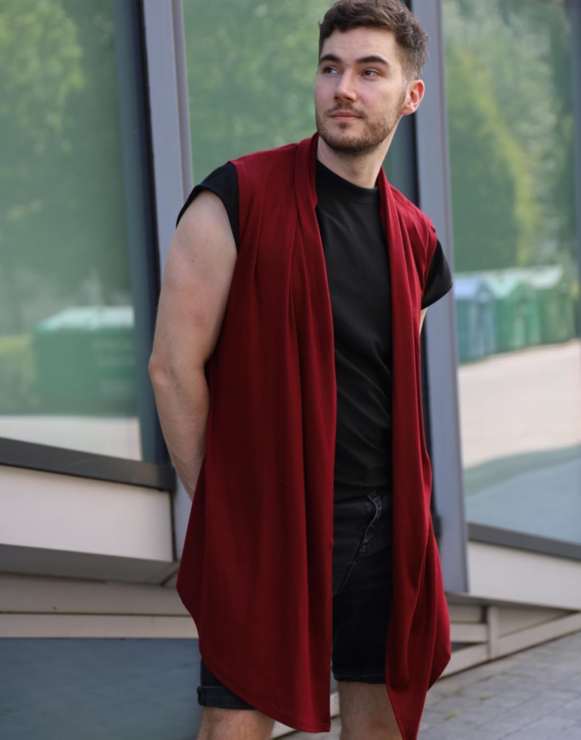 COOFANDY Men's Ruffle Shawl Collar Cardigan Sleeveless Open Front Sleeveless Kimono Vest - Image 3