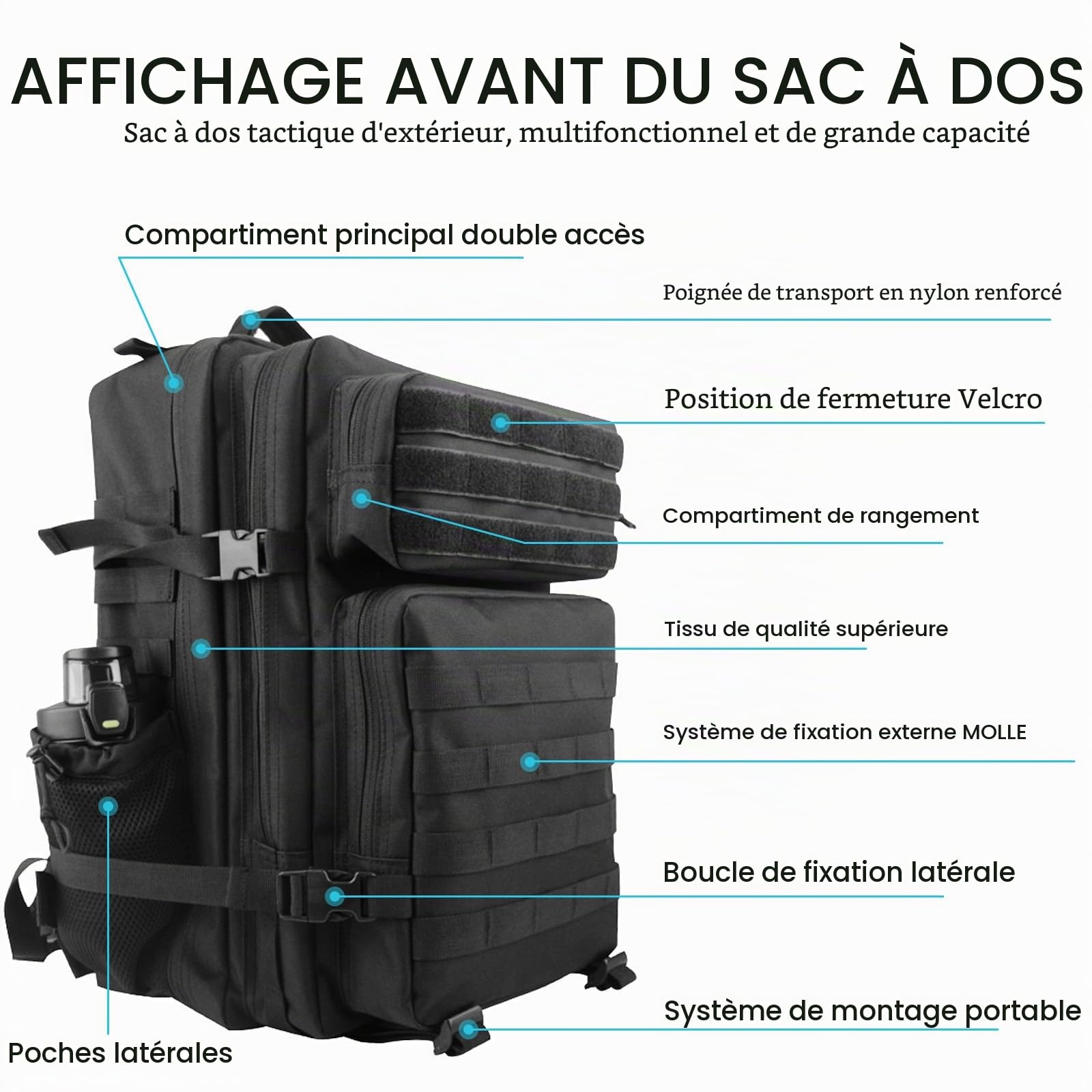 GKXLH Sac a dos Tactique - Petit sac à dos militaire pour hommes femmes, Sac à dos Tactique en tissu Oxford 900D, Petit sac tactique avec porte-bouteille pour la gym, la pêche, le transport quotidien