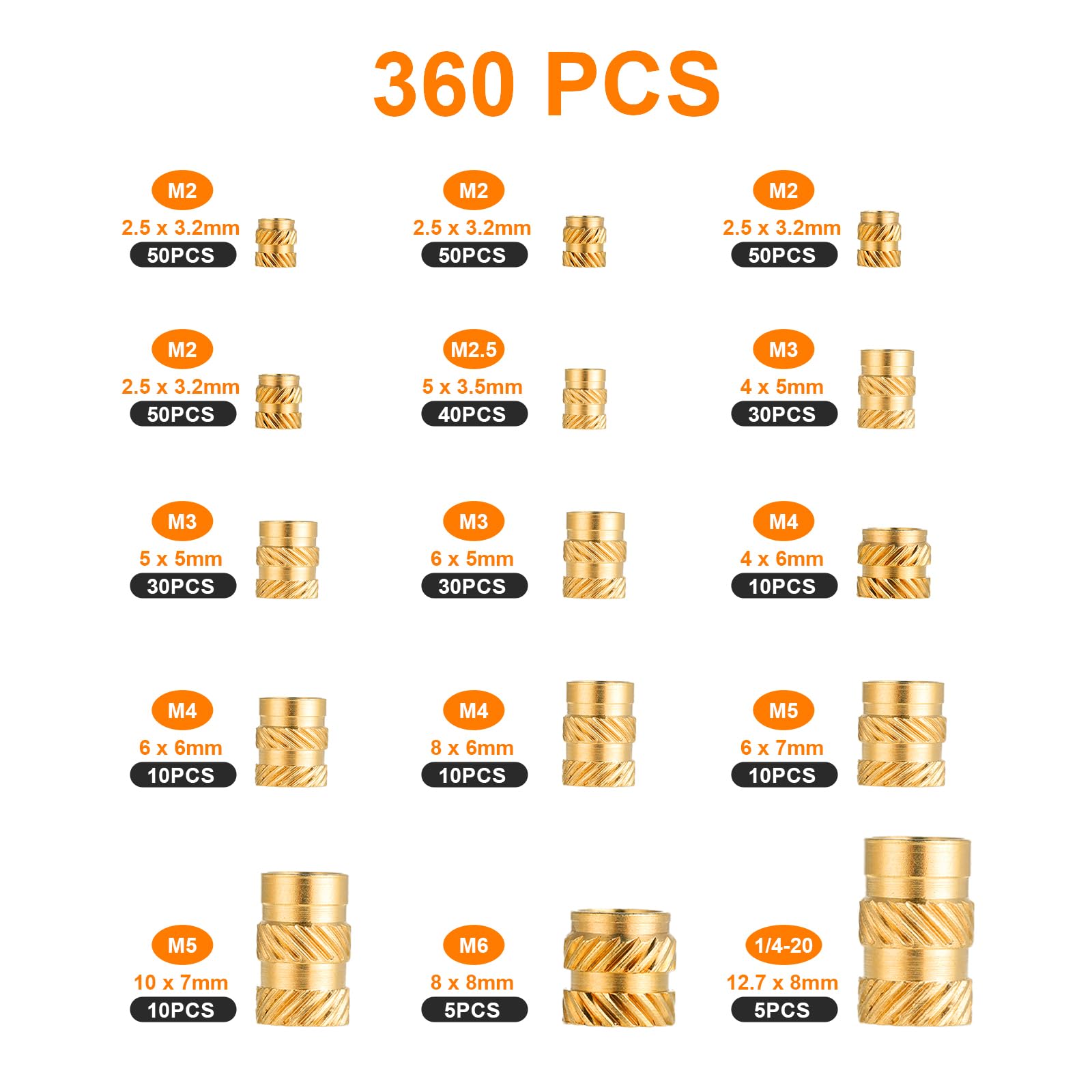 Einschmelzgewinde Einpressmuttern per Stampa 3D – Set da 360 Pezzi Inserti Filettati in Ottone M2.5/M3/M4/M5/M6 – Per Elettronica, Auto, Costruzione di Dispositivi