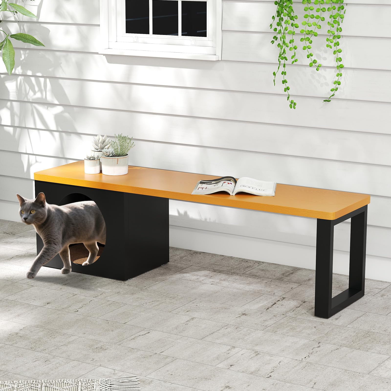GOPLUS Banc de Jardin Exterieur 3 Personnes avec Grotte Chat Griffoir, 2 Portes, Banc Interieur avec Niche Chat Résistant aux Intempéries sans Dossier, pour Balcon, Entrée, Parc, Charge 450 kg