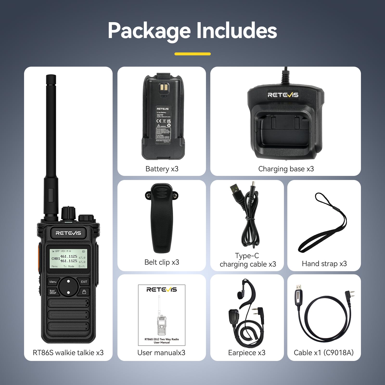 Retevis RT86S Walkie Talkie dla Dorosłych, Radiotelefon Dwukierunkowy o Dużym Zasięgu ze Słuchawkami, LCD 2600mAh USB C, Połączenia Grupowe, Pro Walkie Talkie do Produkcji (Czarny, 3 Szt.)