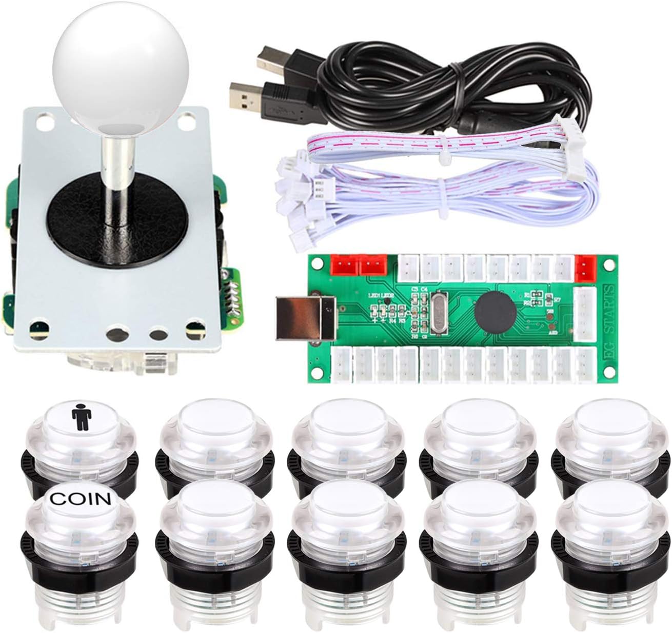 – EG Starts Arcade DIY Kits Parts USB Encoder To PC Games 5Pin Joystick + 2x 24mm + 8x 30mm 5V LED Illuminated Push Buttons For Arcade PC Game Consoles Mame Raspberry pi 2 3 Controllers & White
