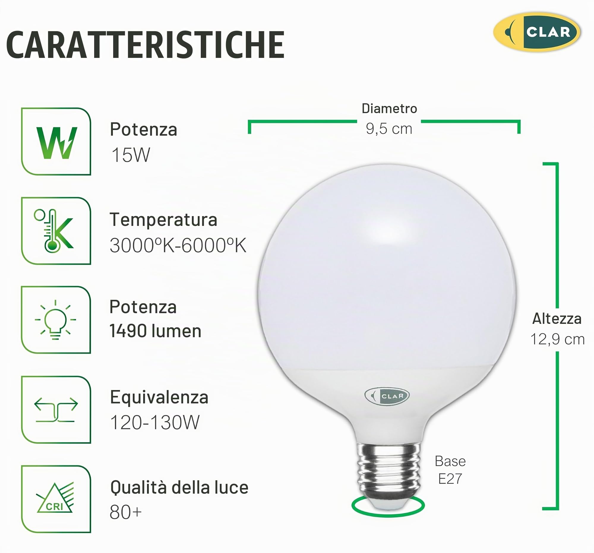 CLAR - Lampadina Led E27 Sfera Grande, Globo, E27 LED 3000K 15W (Pack 6)