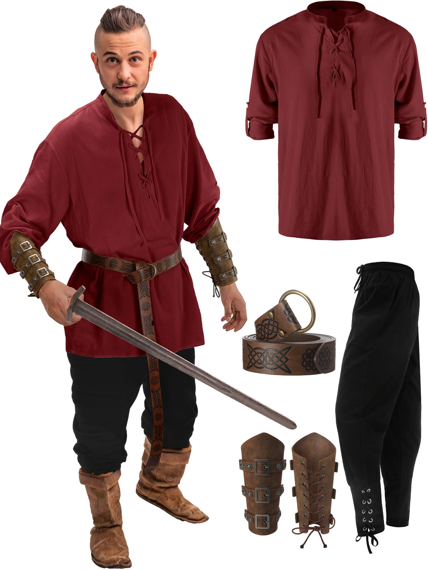 Jiuguva 4 Pcs Halloween Men's Renaissance Costume Set Medieval Pirate Shirt Ankle Banded Pants Viking Belt Accessories