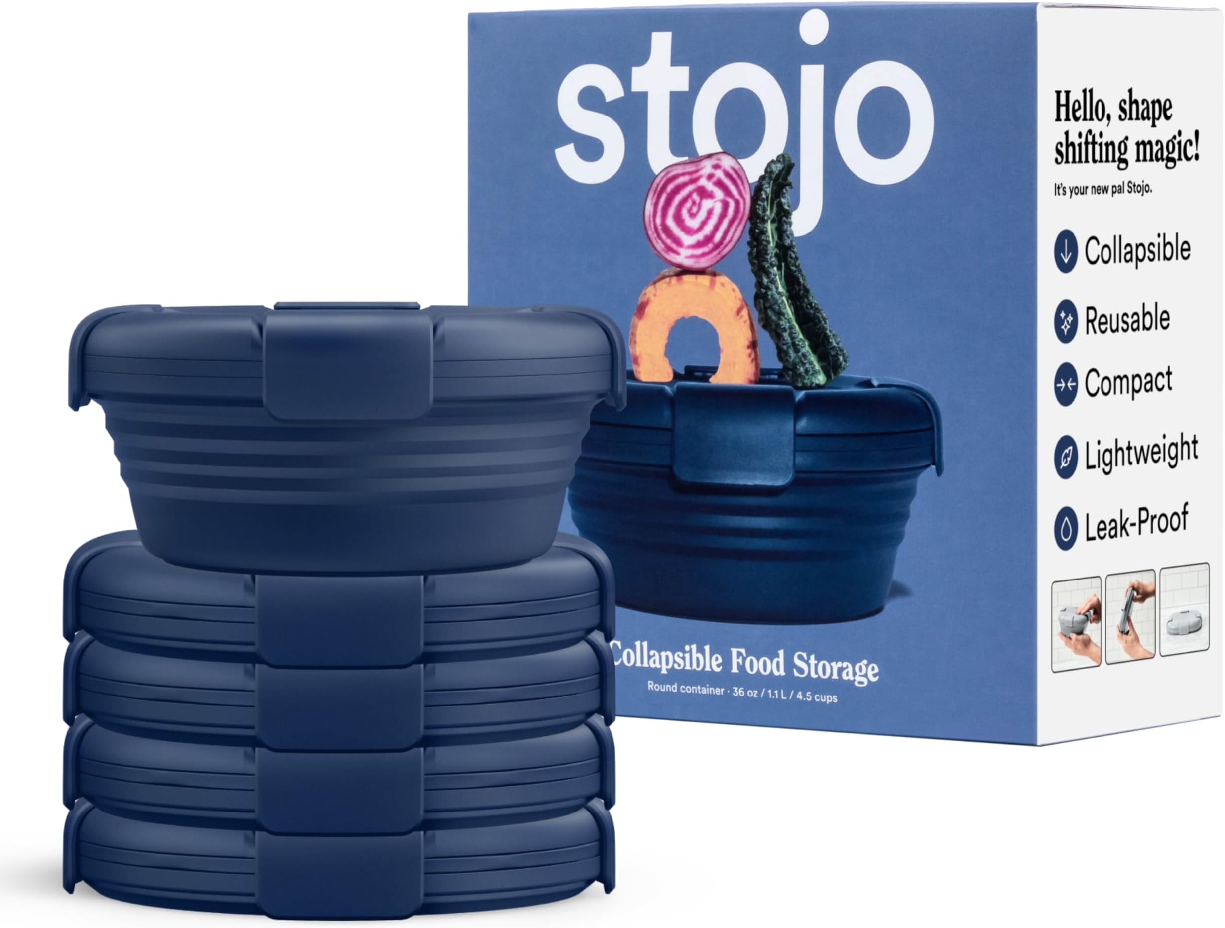 STOJO Collapsible Bowl 5 Set - Denim, 36oz - Reusable Silicone Bowl for Hot and Cold Food - Perfect for Travel, Meal Prep, To-Go Lunch, Camping & Hiking - Microwave & Dishwasher Safe