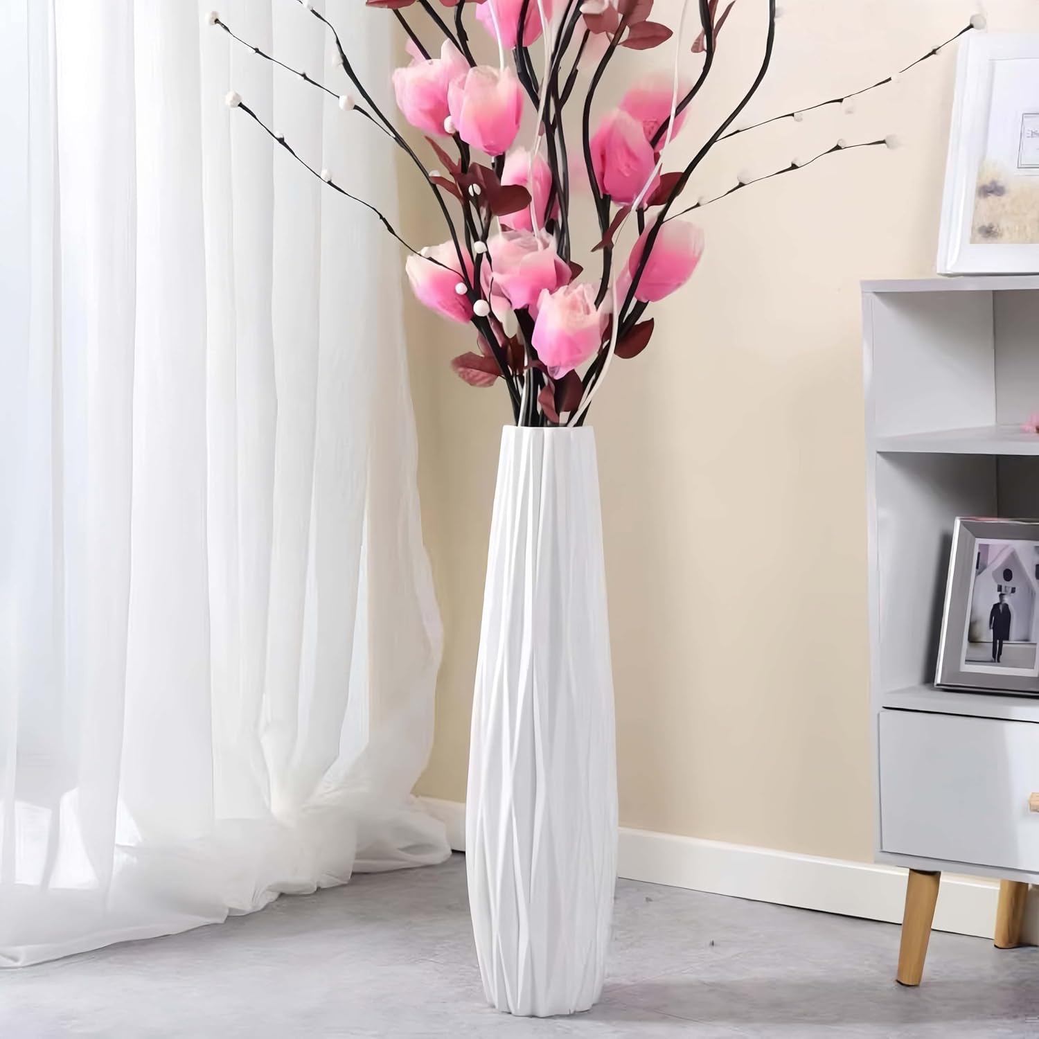 White Ceramic Vase, 17.7" Tall Floor Vase Large Flower Vase Decorative Vases for Modern Home Decor Living Room Office Bedroom Table Centerpieces Shelf Kitchen Wedding Farmhouse Décor Ten Stripes Height-17.7 Inch