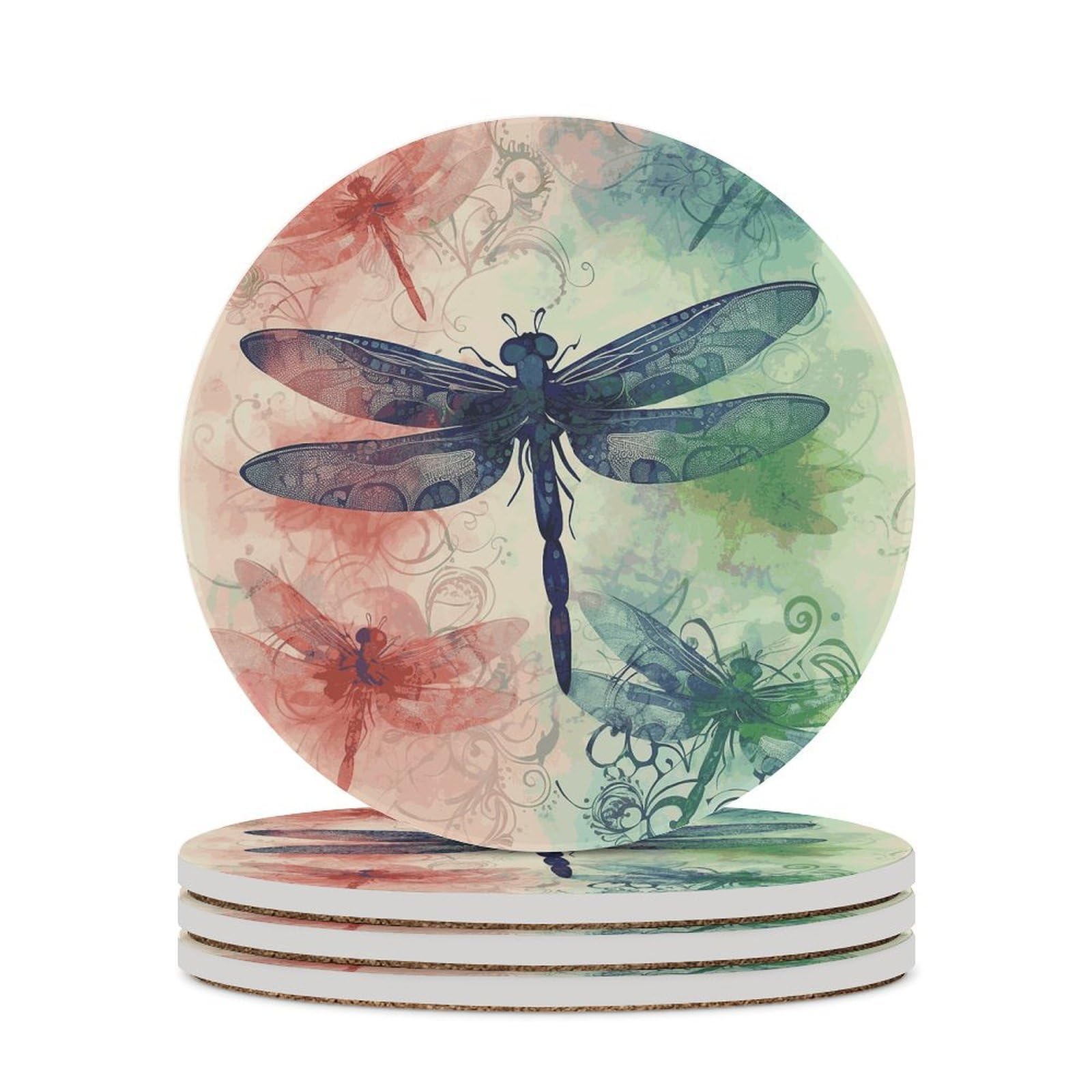 Modern Dragonfly Coasters for Drinks Absorbing Round Ceramic Stone Coaster with Cork Base Coffee Cup Beverage Table Cup Mat Modern Style Bar Coaster Set for Home Decor