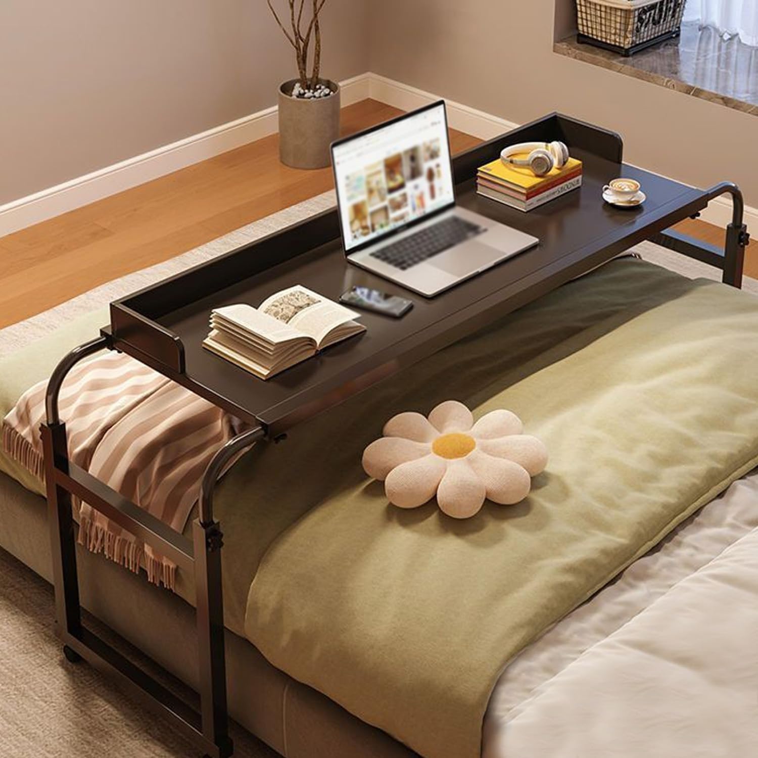 Mesa para cama con ruedas, escritorio con ruedas para laptop y carrito de almacenamiento, estación de trabajo de computadora de altura ajustable para trabajo y comedor