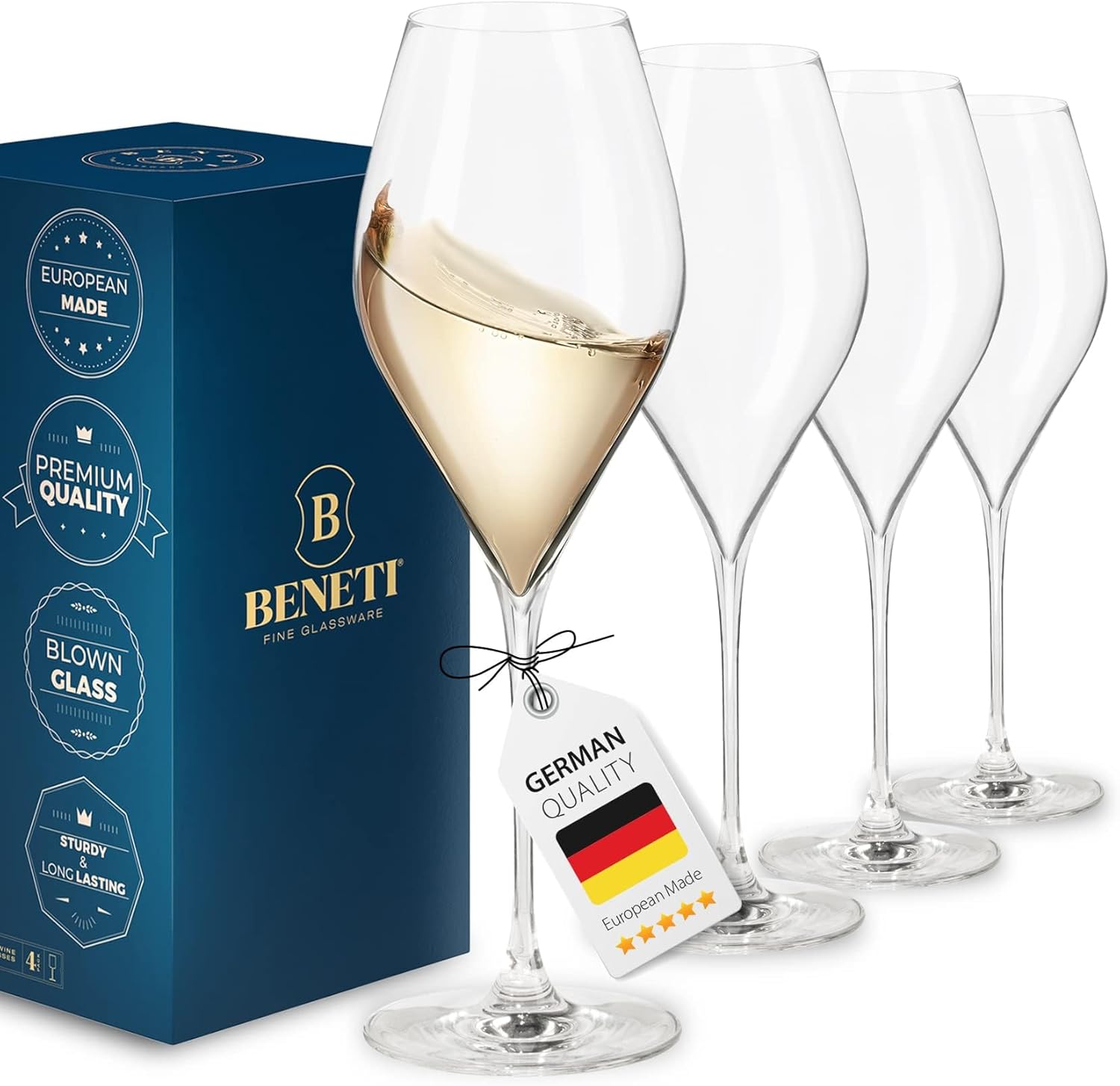 BENETI Hand-Blow European Wine Glasses Set of 4 | 19oz Modern Long Stem Wine Glass Set for Red and White Wine