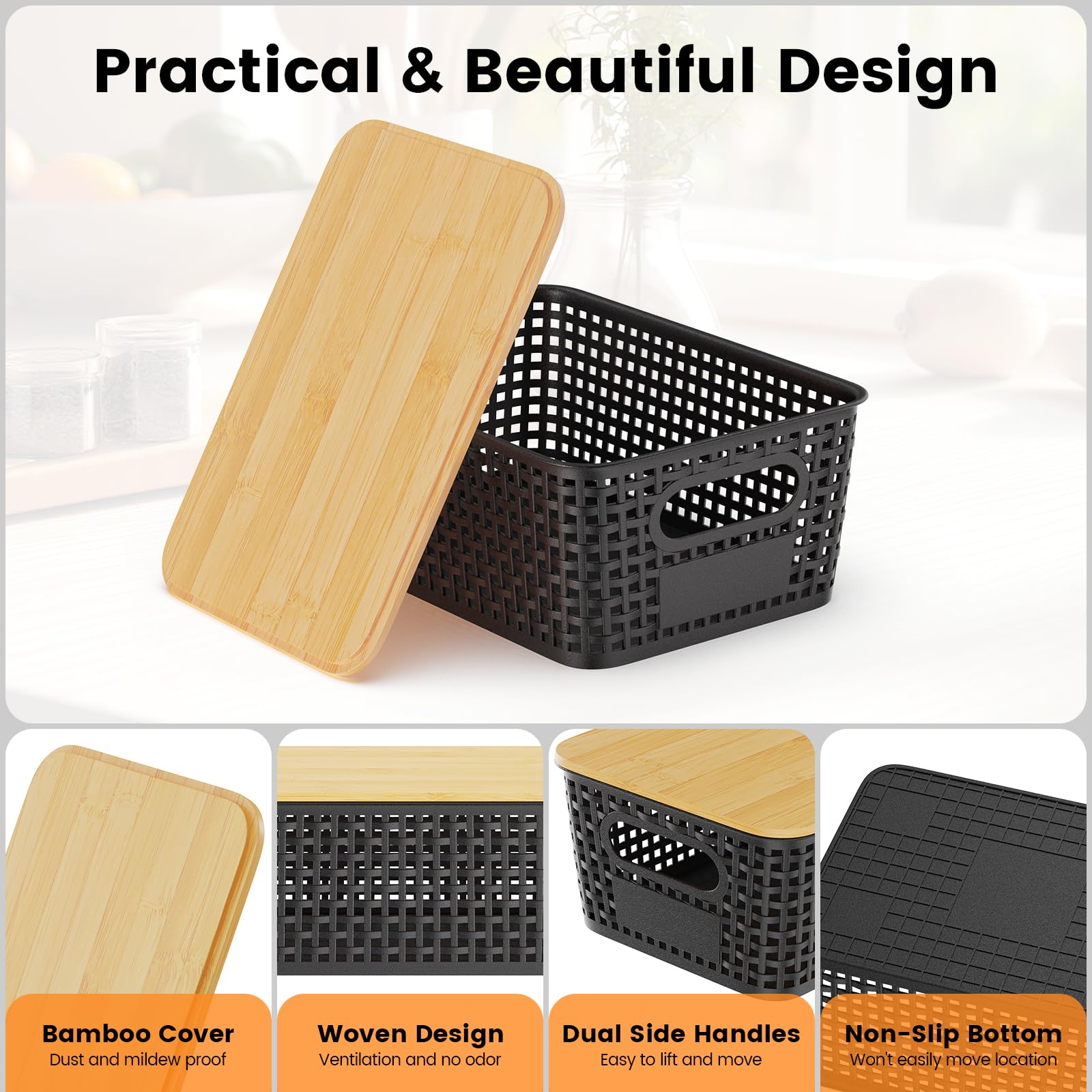 Lot de 6 boîtes de rangement avec couvercles en bambou, boîtes de rangement pour salle de bain, cuisine pour étagères, armoires, placards et maison (Noir, lot de 6-5 L)