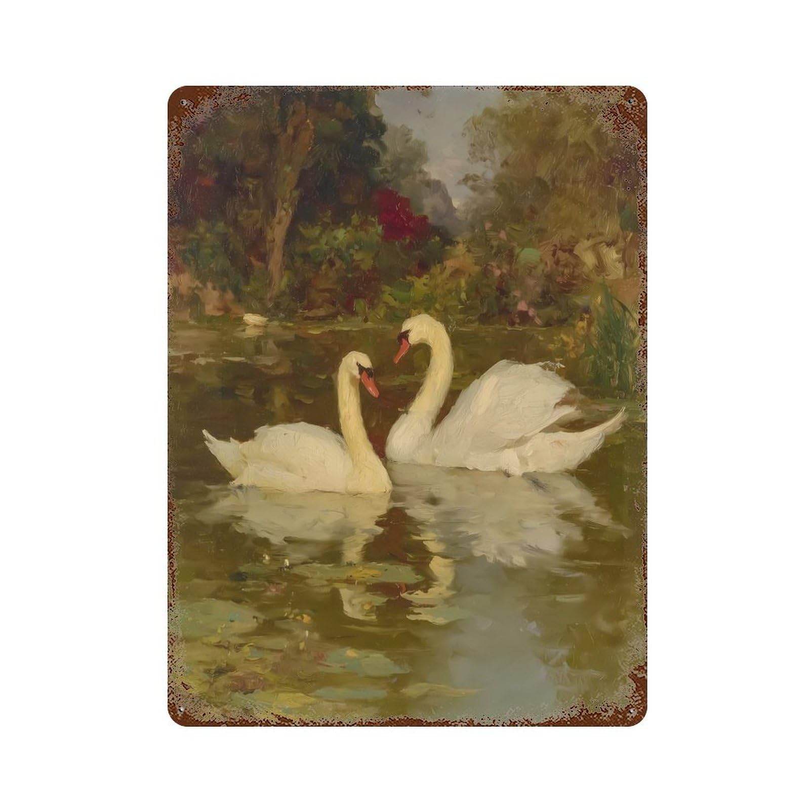 Rust Effect Swans in A Pond Painting Rustic Tin Plaque 15.7"x11.8", Classic Wall Plaque for Shed, Workshop And Garage Wall Decor