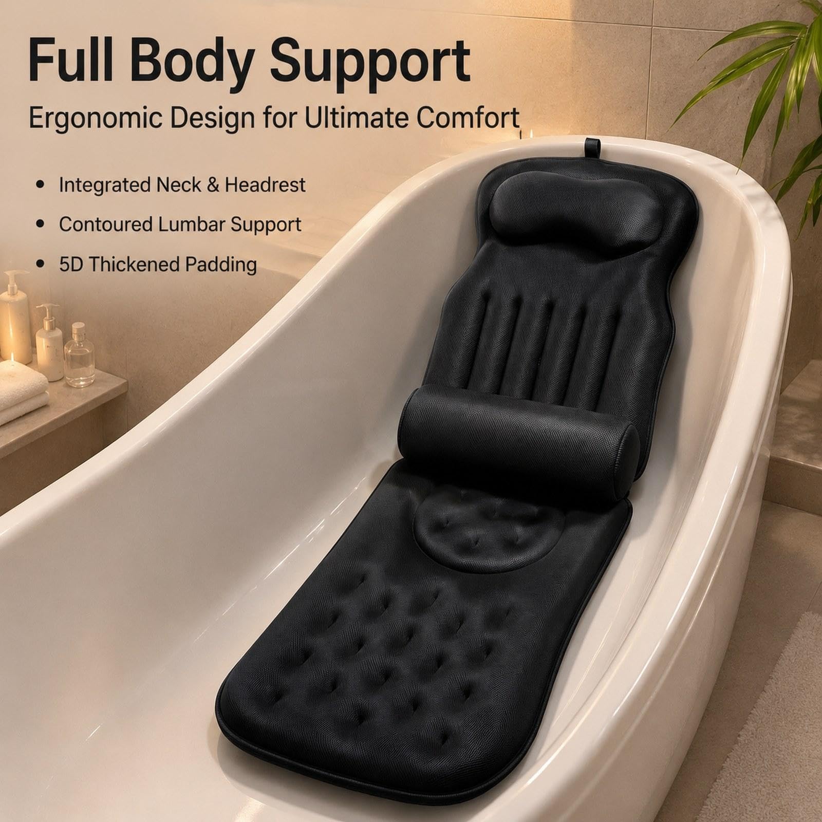 Oreiller de Bain Ergonomique, Appui-tête de Bain avec Ventouses, En Polyester Doux, Respirant et Antidérapant, Noir