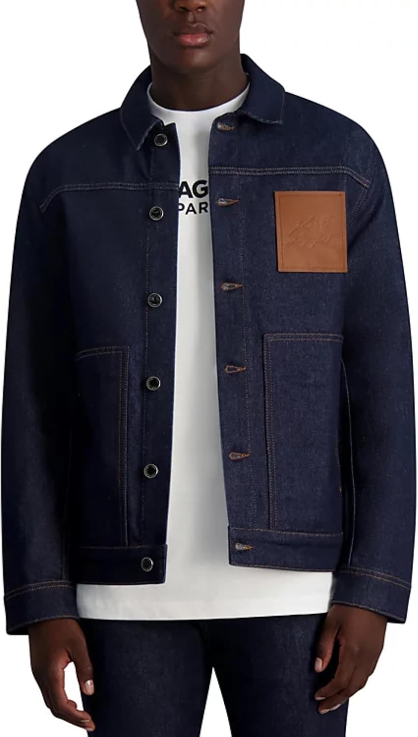 KARL LAGERFELD Men's Logo Patch Raw Denim Jacket