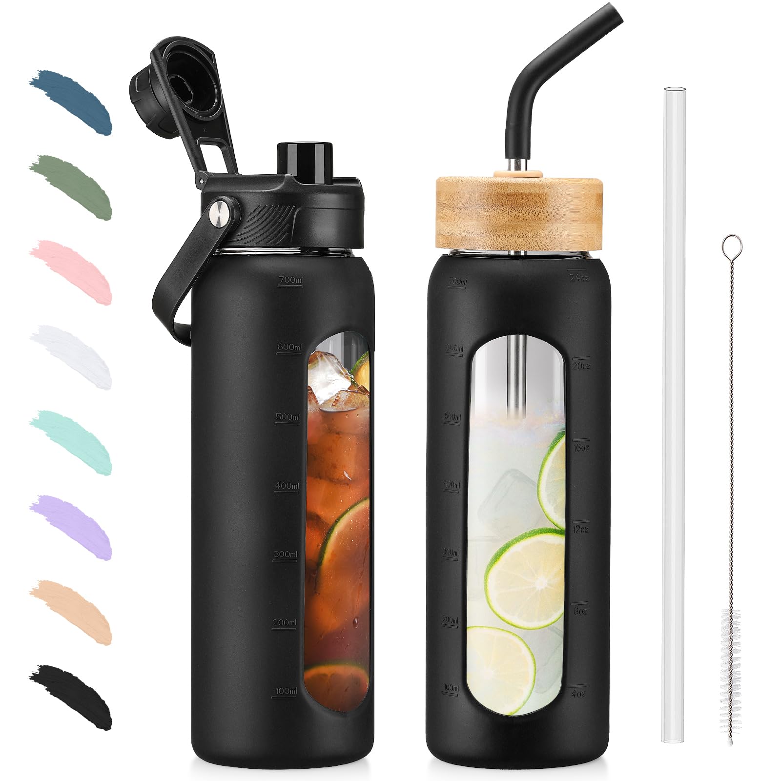 BLUEGO Borraccia Vetro 700ml con 2 Coperchi e Cannuccia, Sportiva Bottiglia d'Acqua con Custodia in Silicone e Indicatori di Tempo, Senza BPA, Nero