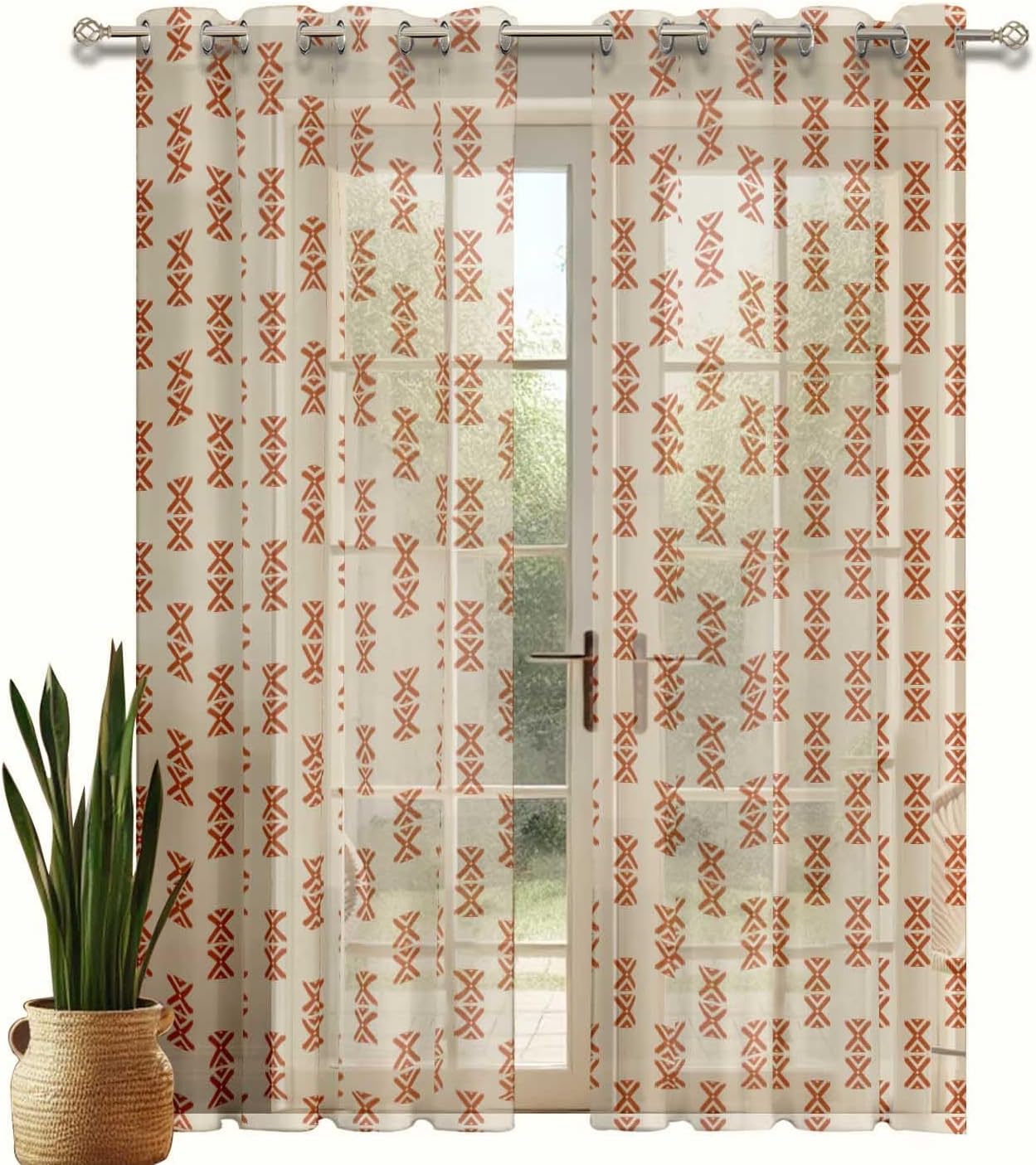 Geometric Design Sheer Curtains for Short Windows – Set of 2 Panels, 63" Length, Grommet Top, Printed Georgette, Light Filtering Drapes for Kitchen or Bedroom