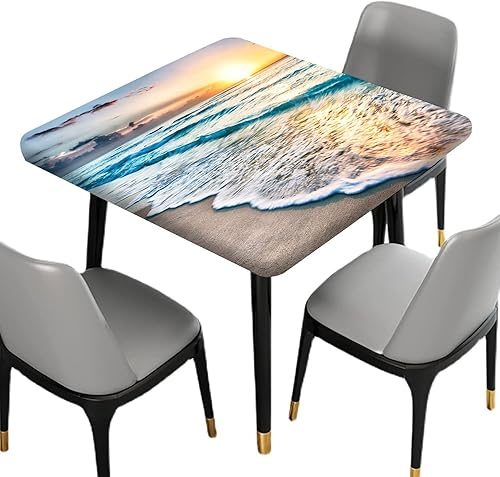 Miniatura 2 de Mantel ajustable cuadrado de verano con diseño de olas del océano, cubierta de mesa con borde elástico, resistente a las arrugas, para banquetes y