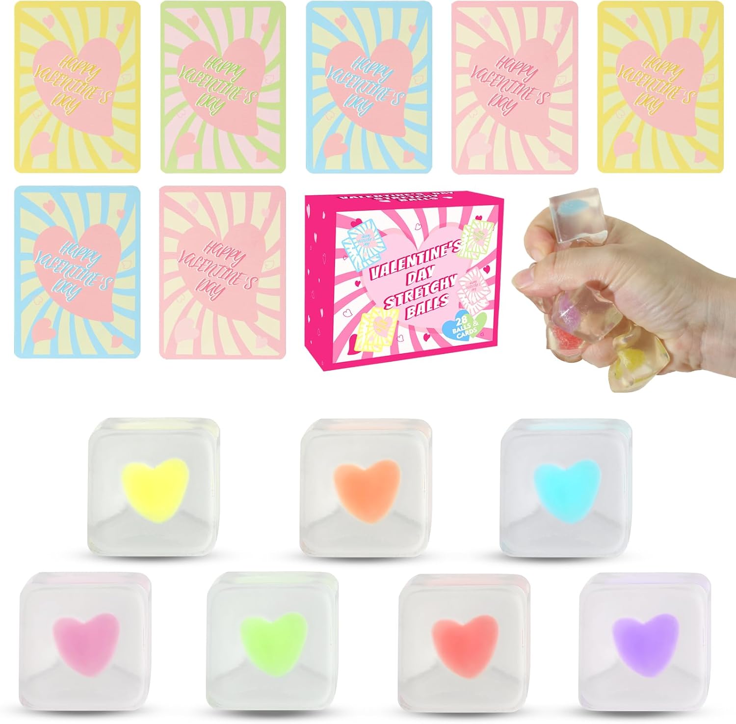 28 Pack Fiddet Squishy Stress Cubes with Hearts - Sensory Fidget Toys for Adults & Kids, Valentine's Day Card Gifts, Classroom Party Favors, Anxiety Relief Squeeze Toys