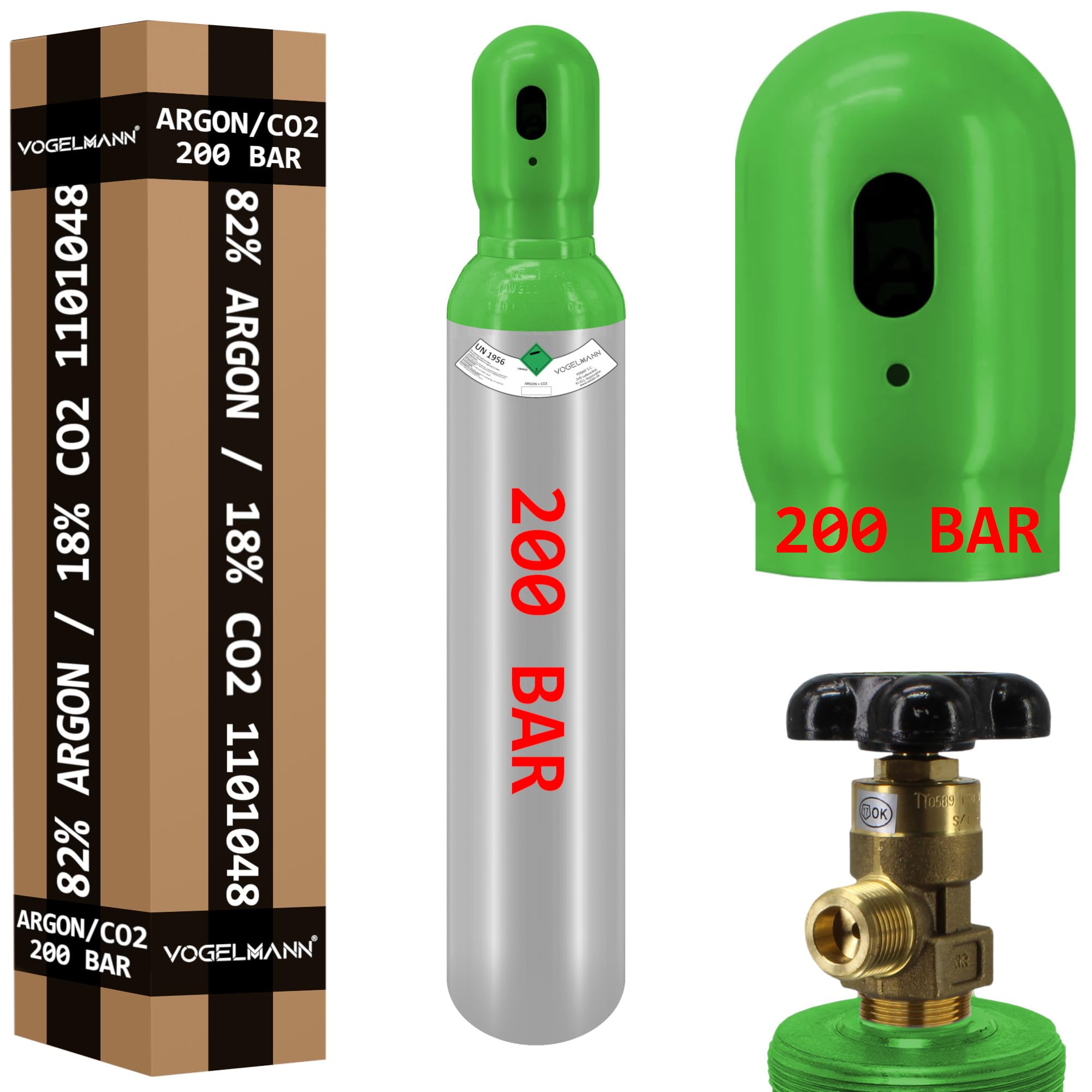 Bombona de gas mezcla de argón (82%) + CO2 (18%), 8 litros, 200 bar, gas de soldadura para soldadura MIG/MAG, gas protector para acero, incluye válvula, rellenable