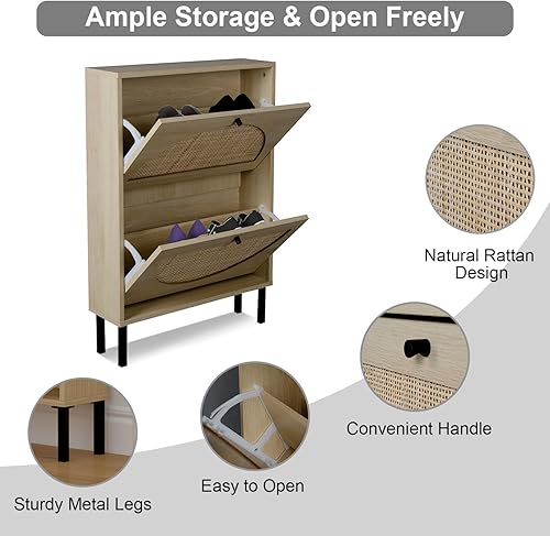 Miniatura 8 de Zapatero de ratán con 2 cajones abatibles, organizador de zapatos delgado para entrada, tacones, botas, pantuflas
