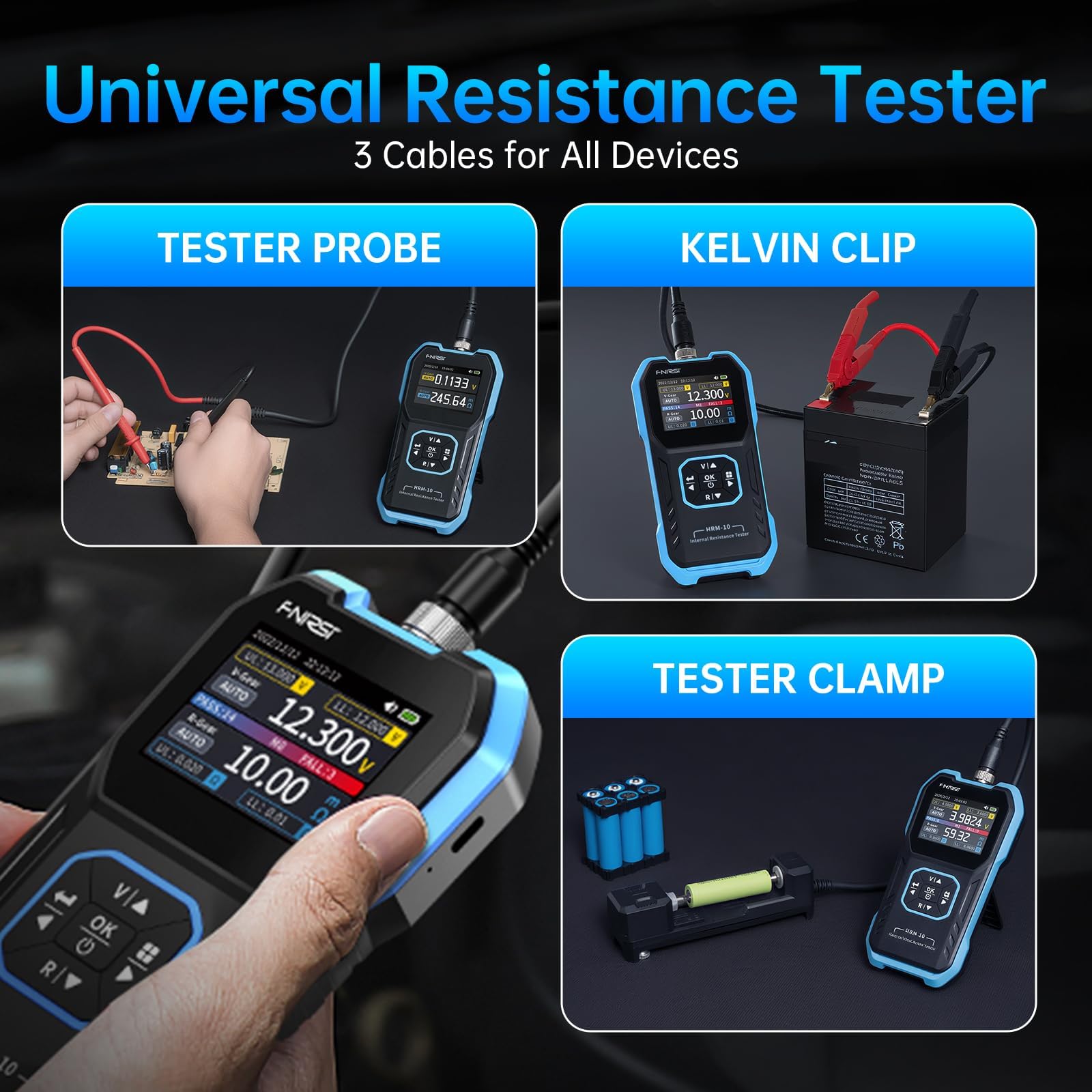 FNIRSI HRM-10 Tester Resistenza Interna e Tester Batteria, Milliohmmetro 100V, 200Ω, Teste per Batterie Auto, AAA, AA e Altri Tipi di Battery, Analizzatore di Batterie Domestiche
