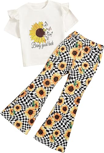 OYOANGLE Conjunto de ropa de 2 piezas para niña, camiseta de manga corta con estampado y pantalones acampanados